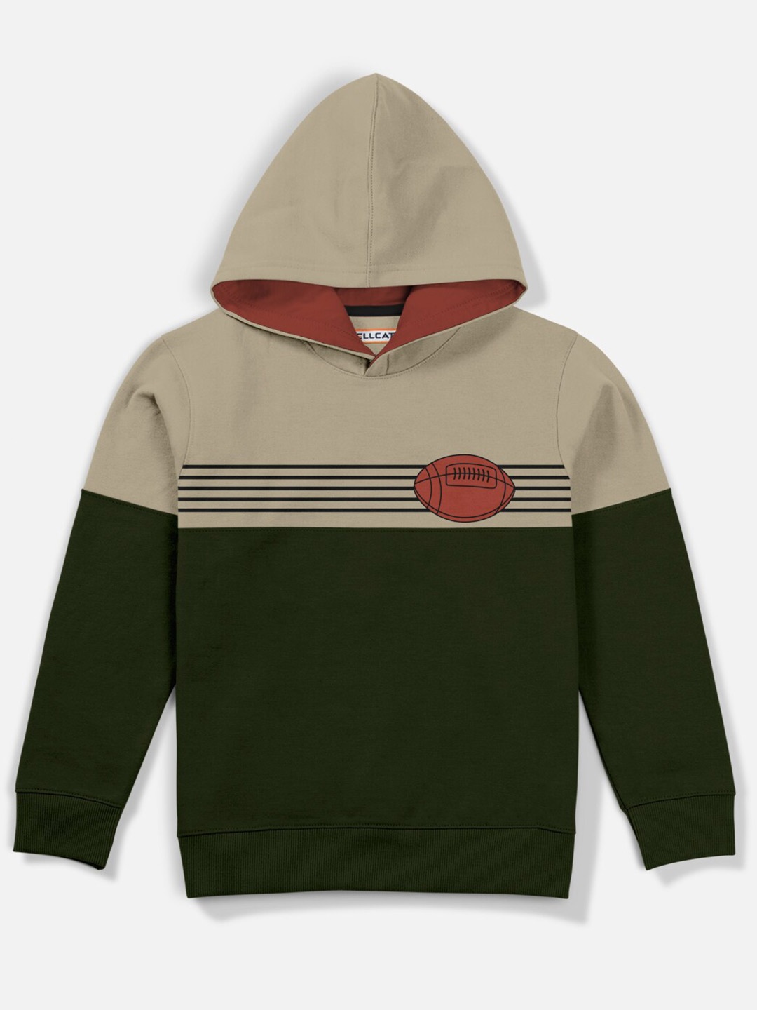 

HELLCAT Boys Olive Green Colourblocked Hooded Sweatshirt