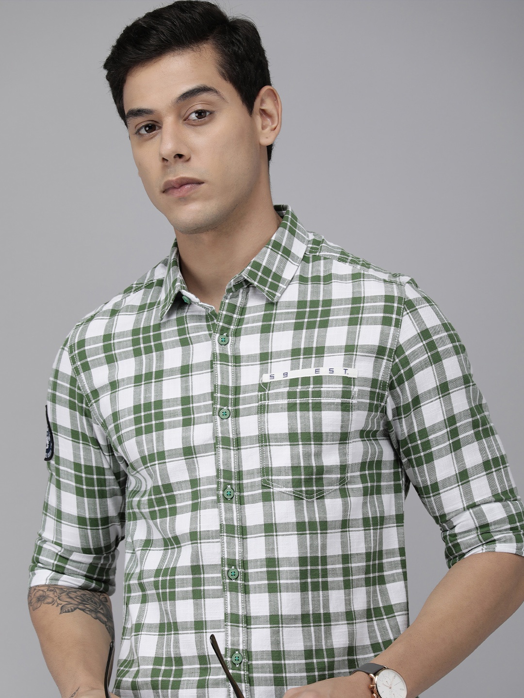

SPYKAR Men Olive Green And White Slim Fit Tartan Checked Pure Cotton Casual Shirt