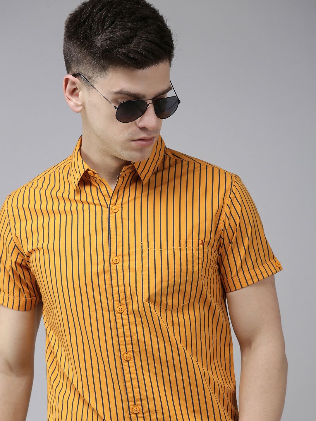 

SPYKAR Men Yellow Slim Fit Vertical Striped Casual Shirt