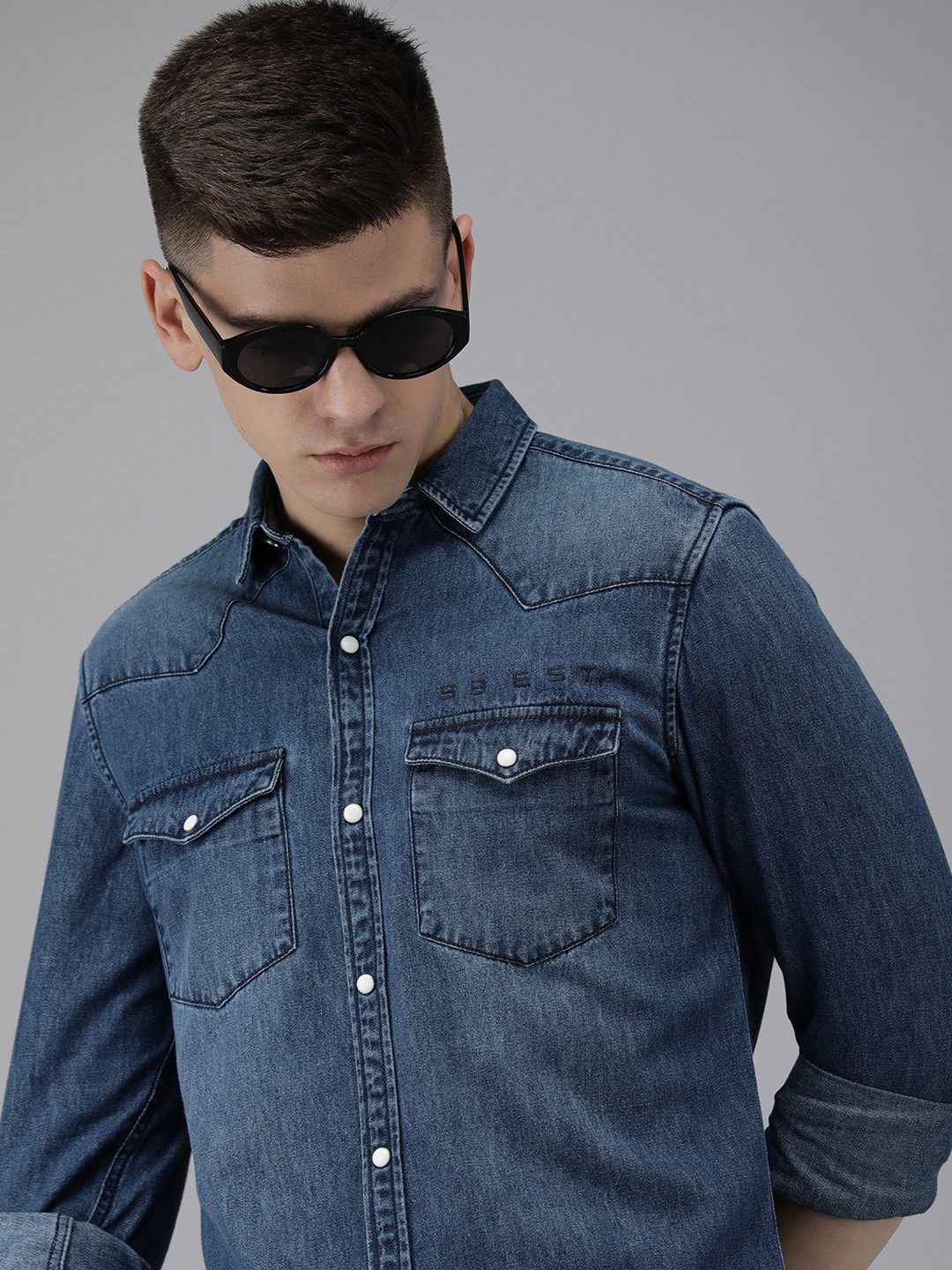 

SPYKAR Men Blue Solid Slim Fit Denim Casual Shirt