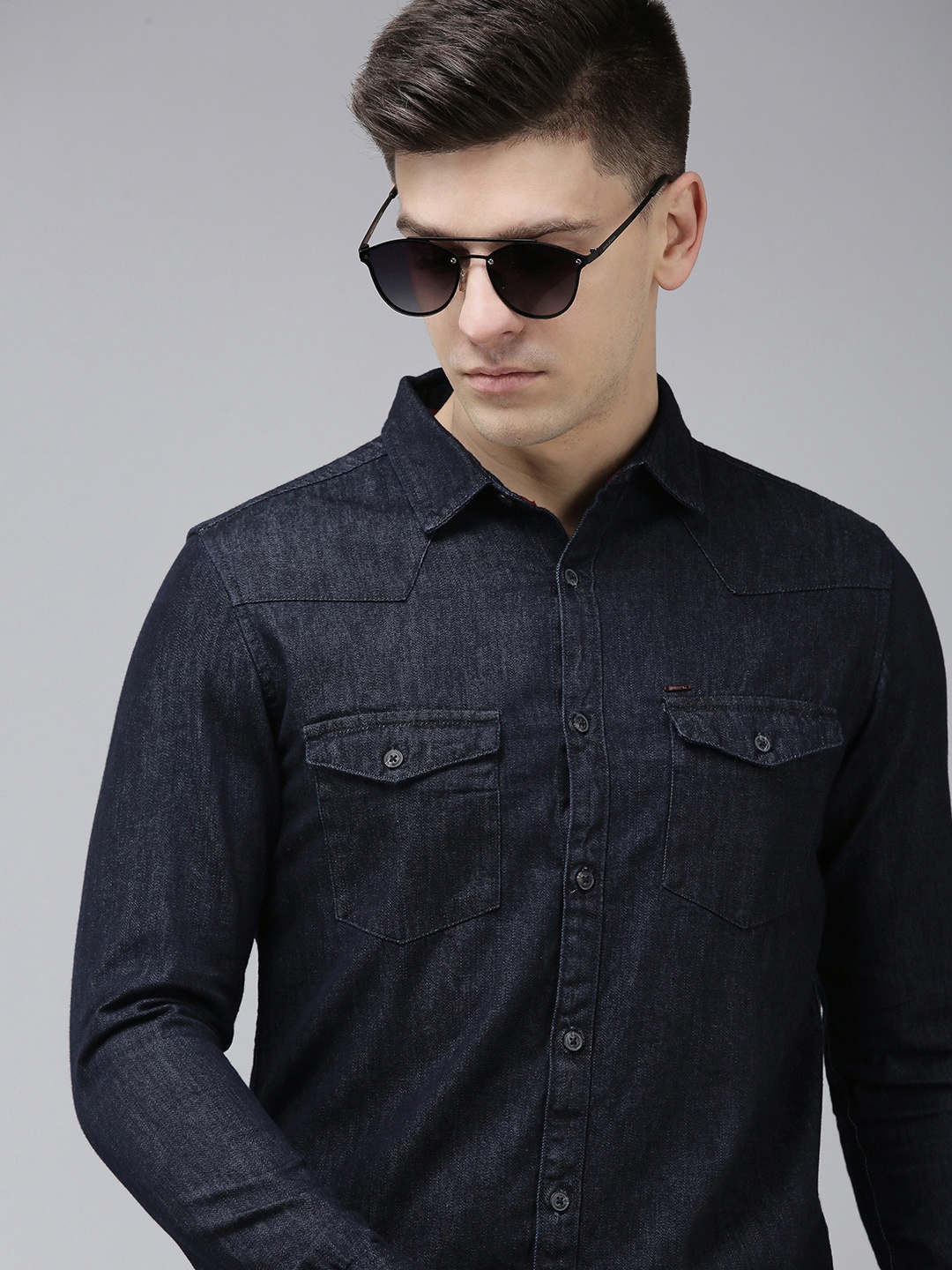 

SPYKAR Men Navy Blue Solid Slim Fit Cotton Denim Shirt