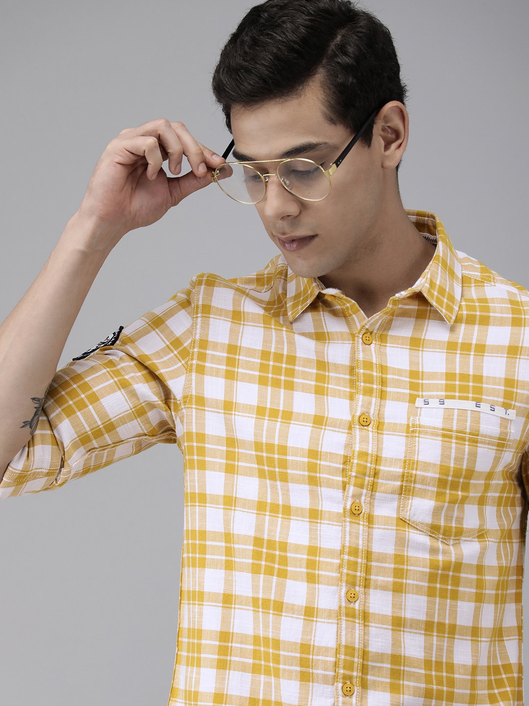 

SPYKAR Men Yellow & White Tartan Checks Slim Fit Pure Cotton Casual Shirt