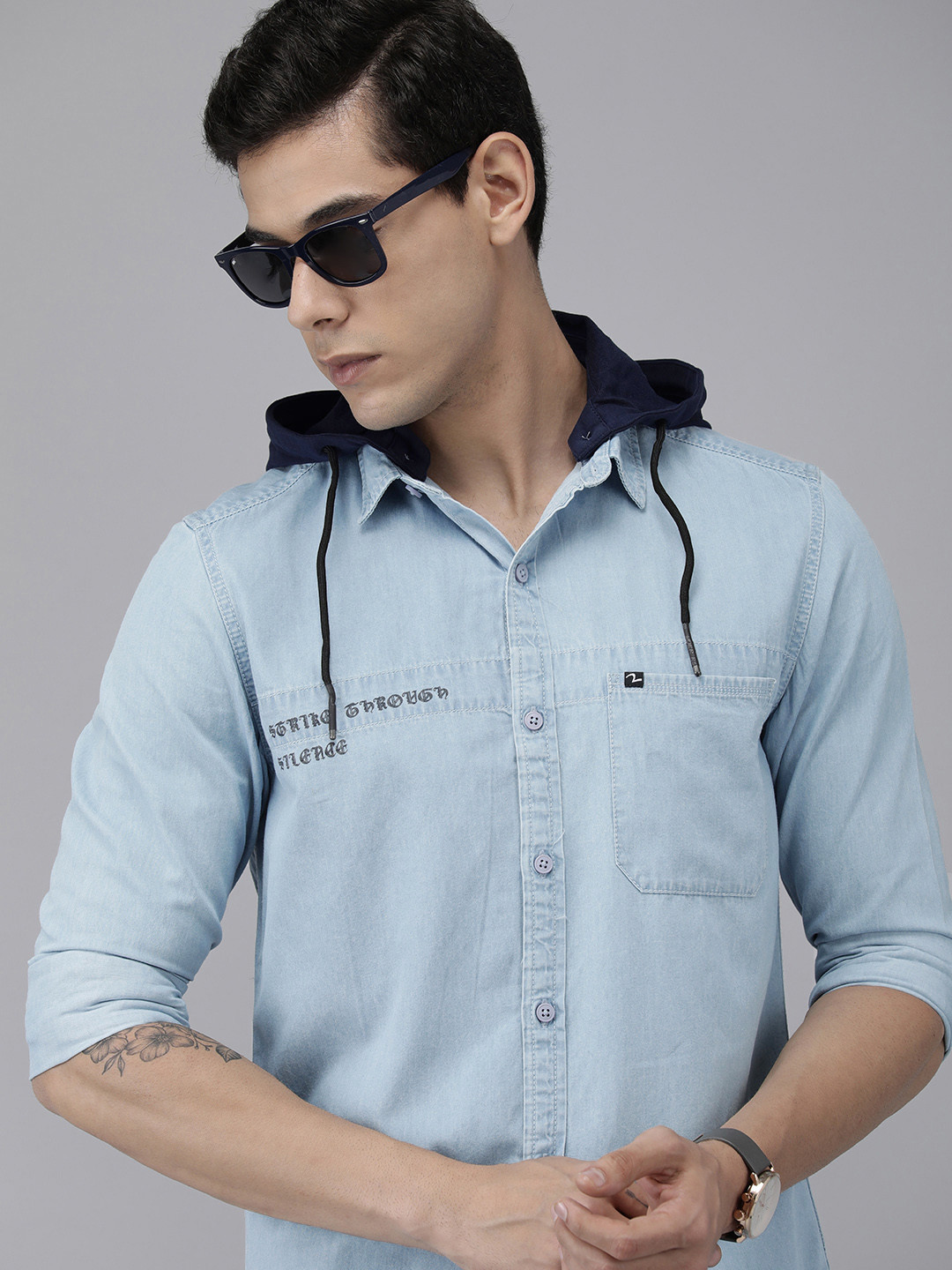 

SPYKAR Men Light Blue Solid Slim Fit Pure Cotton Hooded Casual Shirt