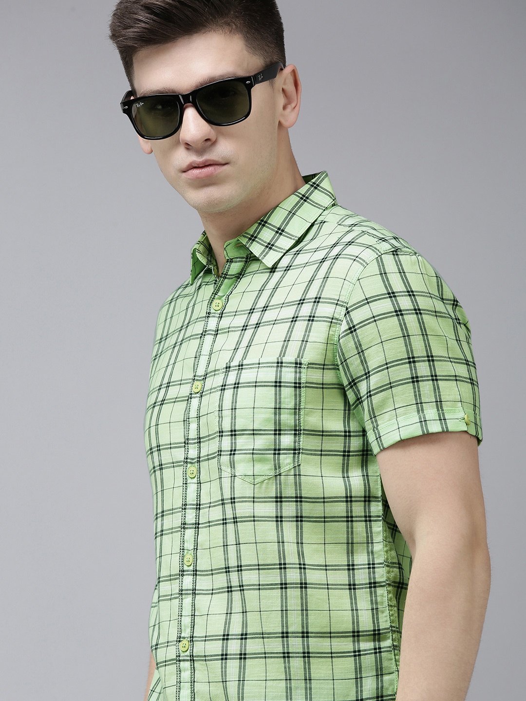 

SPYKAR Men Lime Green Slim Fit Tartan Checked Pure Cotton Casual Shirt