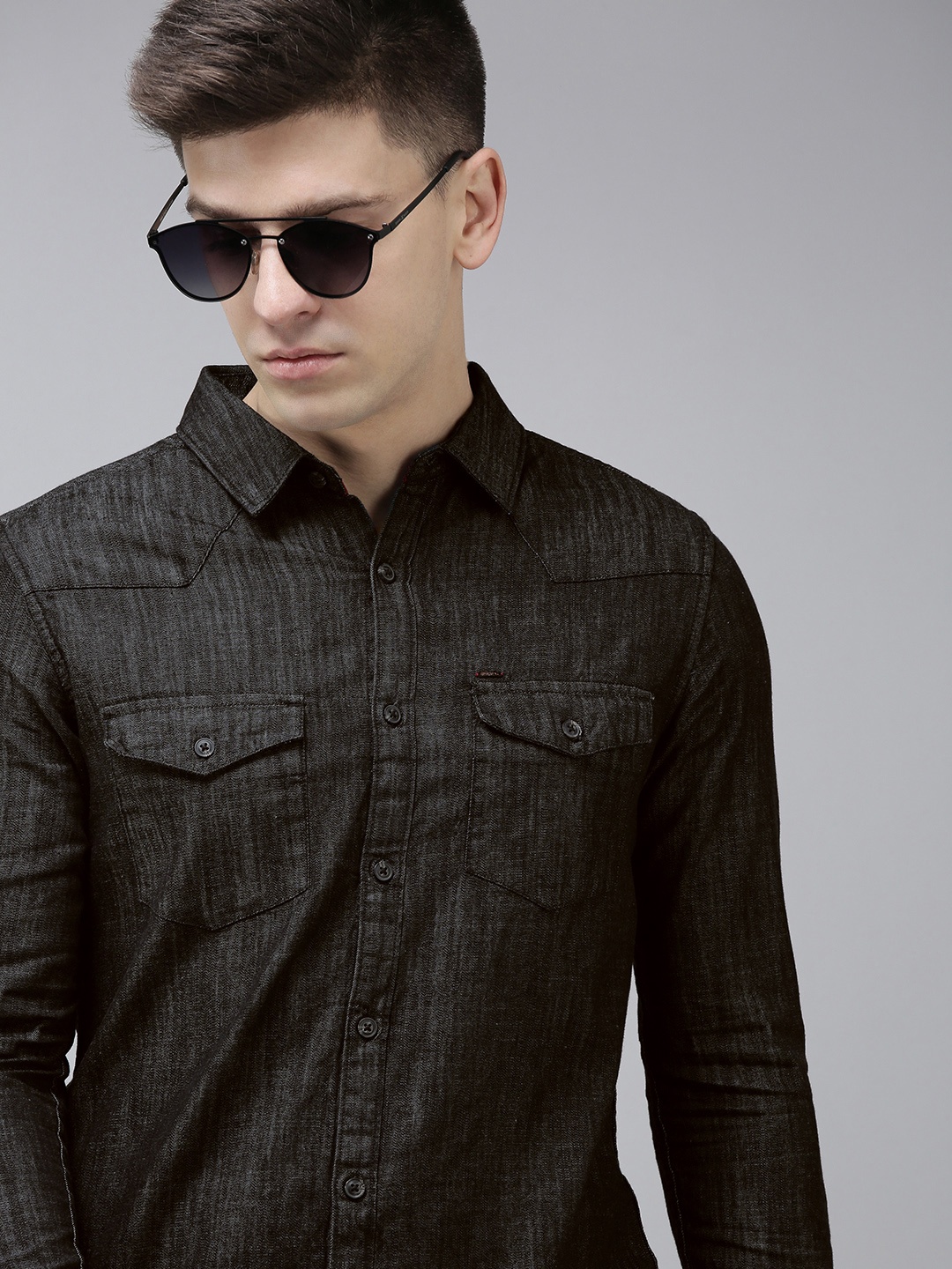 

SPYKAR Men Black Solid Slim Fit Cotton Denim Shirt