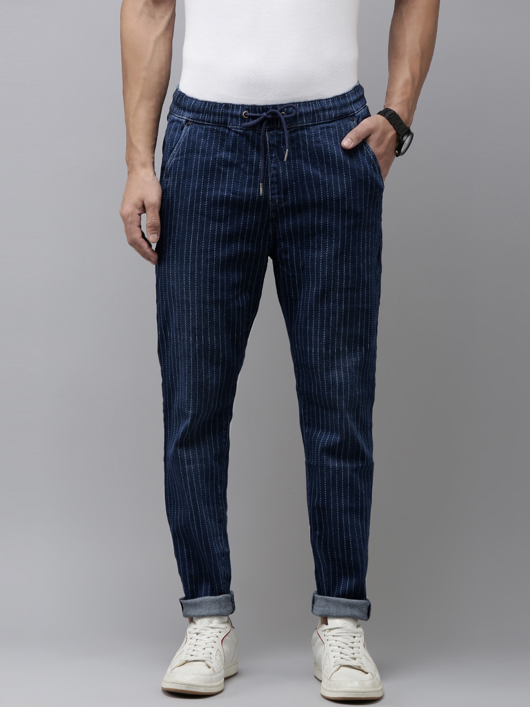 

SPYKAR Men Self-Striped High-Rise Stretchable Jeans With Drawstring Closure, Navy blue