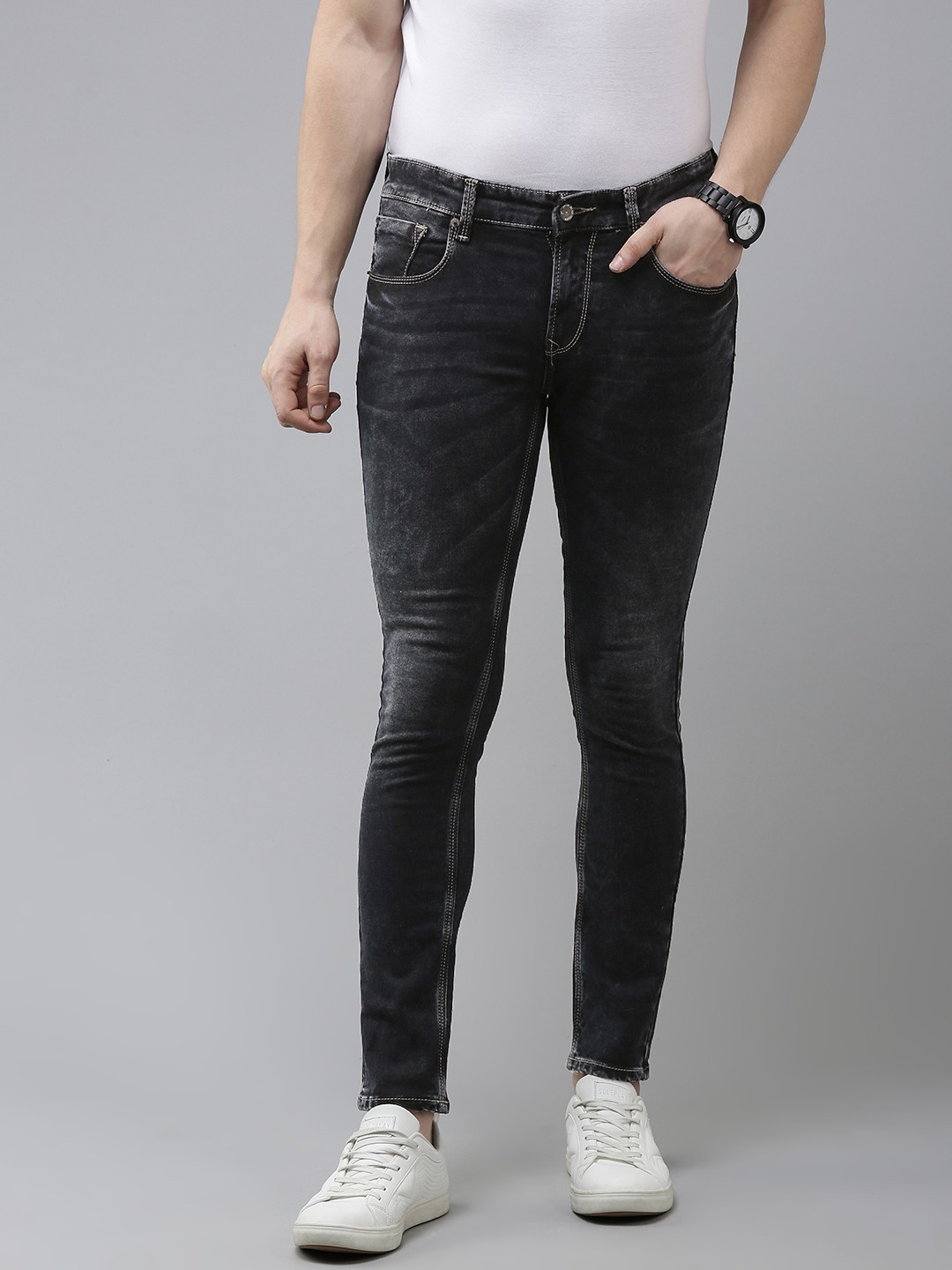 

SPYKAR Men Charcoal Super Skinny Fit Low-Rise Light Fade Jeans