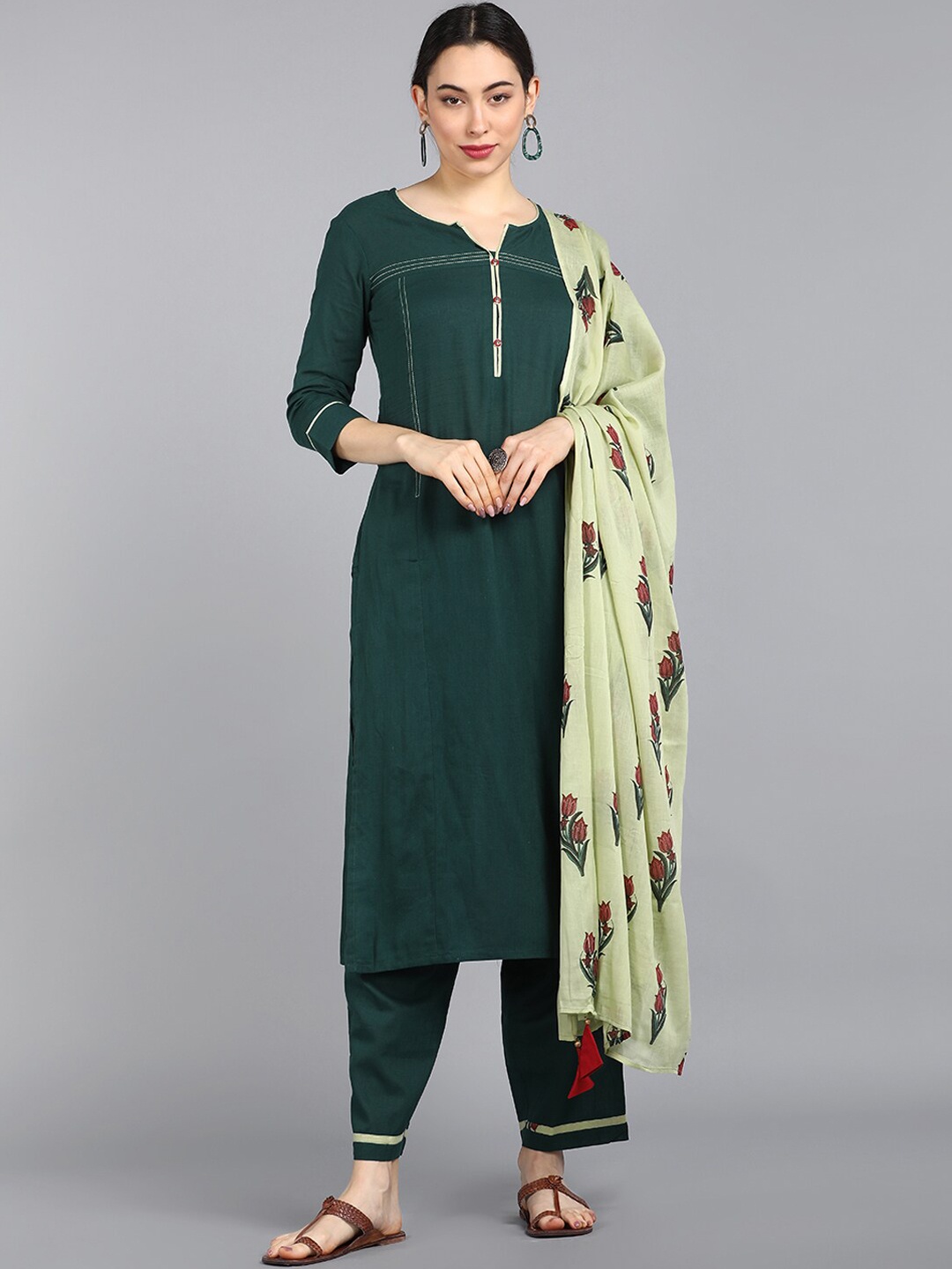 

AHIKA Women Green Solid Regular Pure Cotton Kurta with Trousers & Dupatta