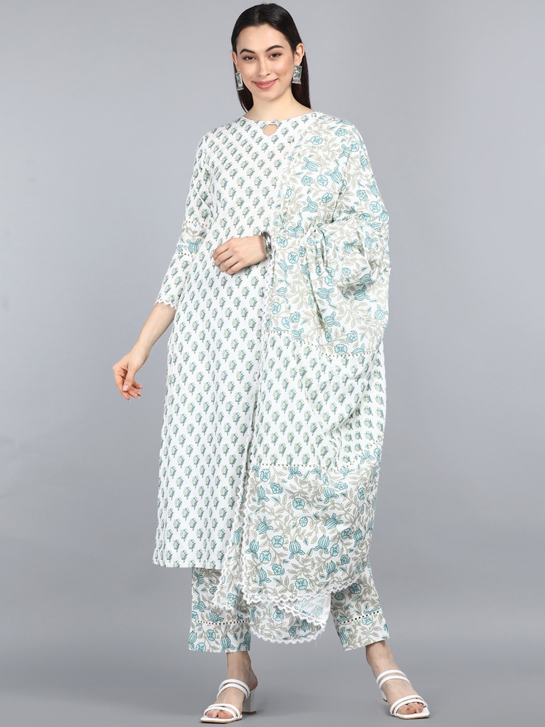 

AHIKA Women Off White Floral Printed Pure Cotton Kurta with Trousers & Dupatta