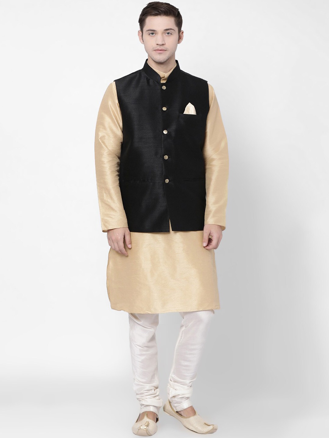 

TABARD Men Beige Regular Dupion Silk Kurta with Churidar and Nehru Jacket