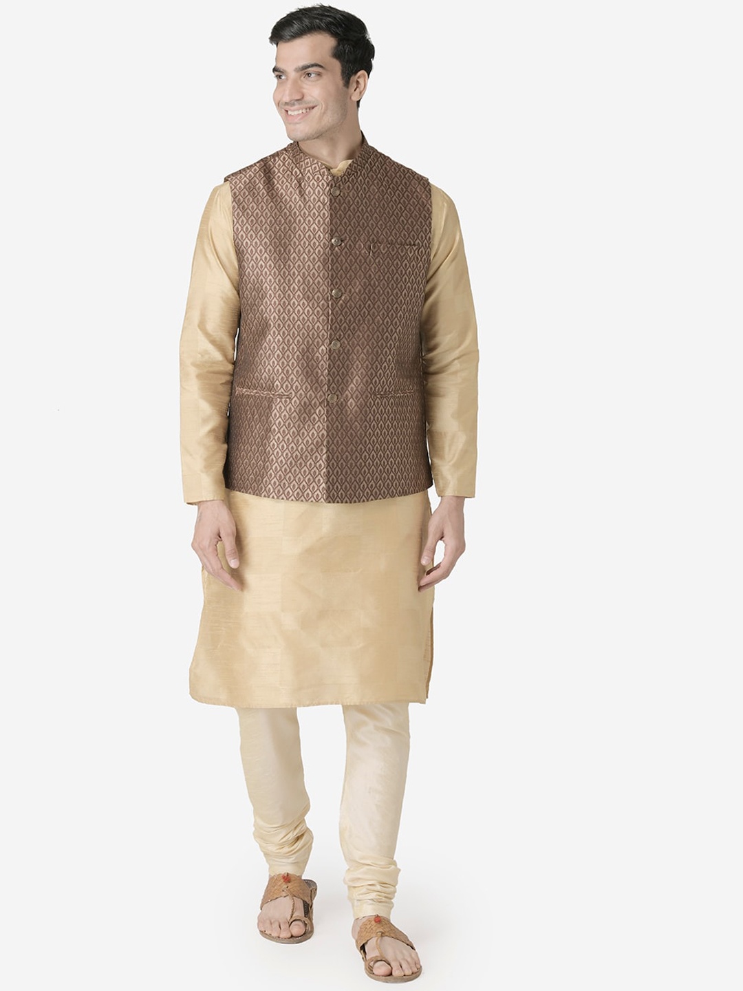 

TABARD Men Beige Regular Pure Silk Kurta with Churidar and Nehru Jacket