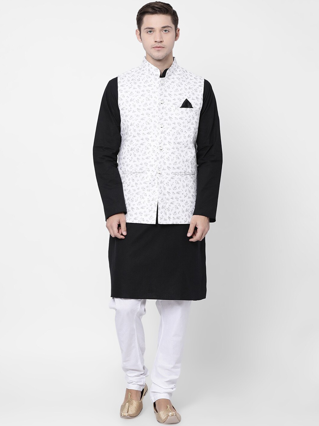 

TABARD Men Black Regular Pure Cotton Kurta with Churidar and Nehru Jacket