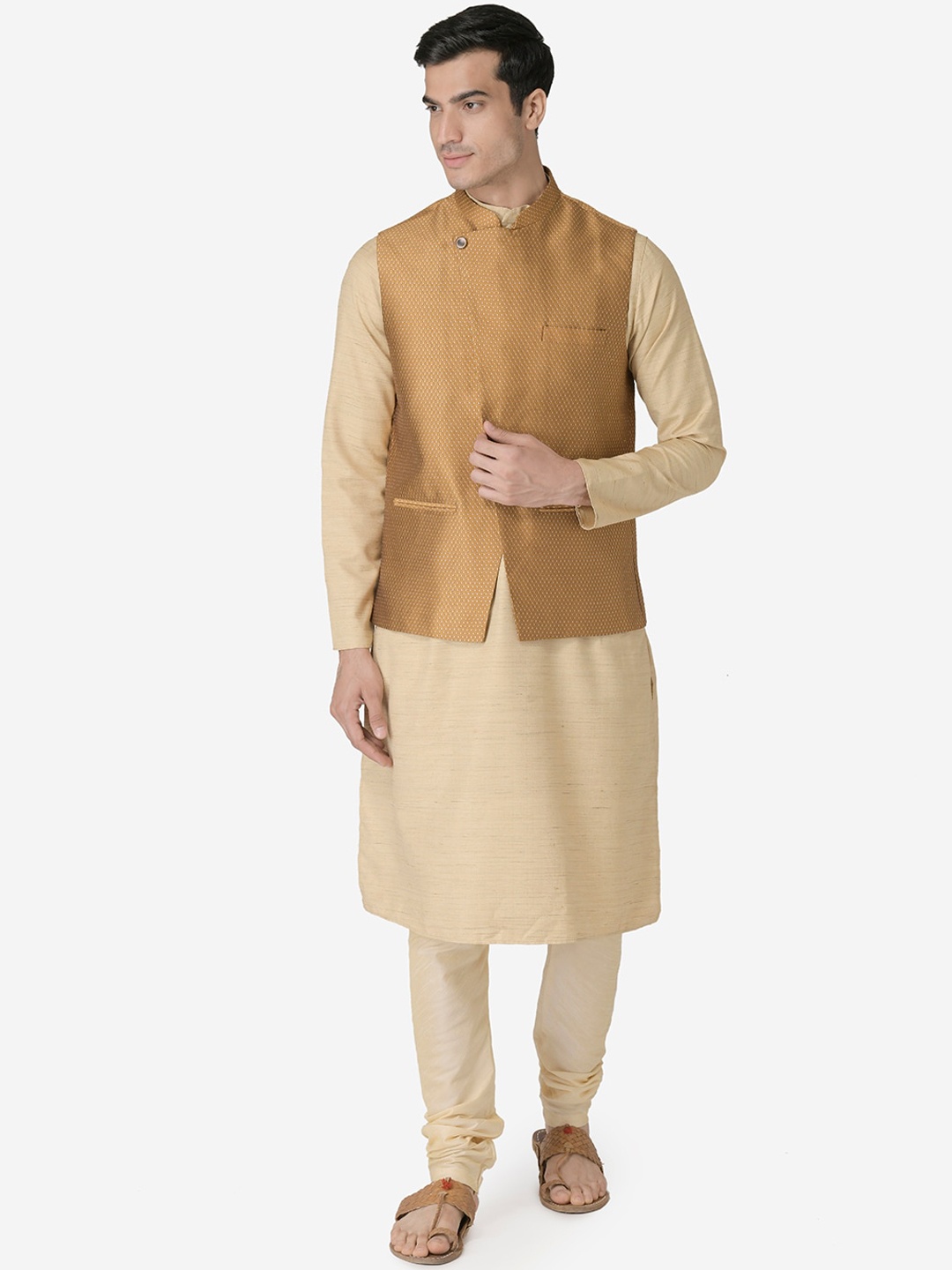 

TABARD Men Beige Regular Pure Silk Kurta with Churidar and Nehru Jacket