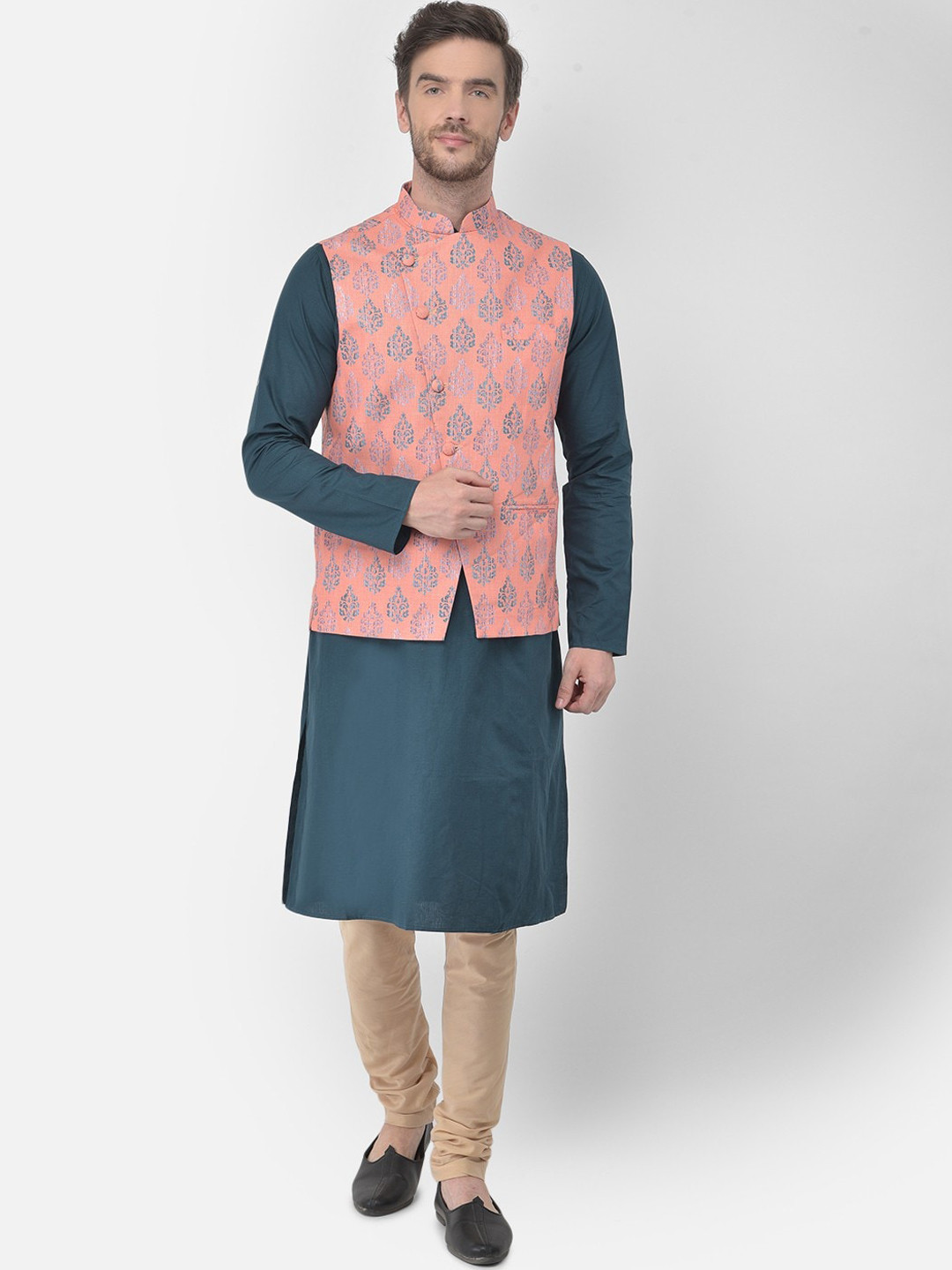 

TABARD Men Green Regular Pure Cotton Kurta with Churidar and Nehru Jacket