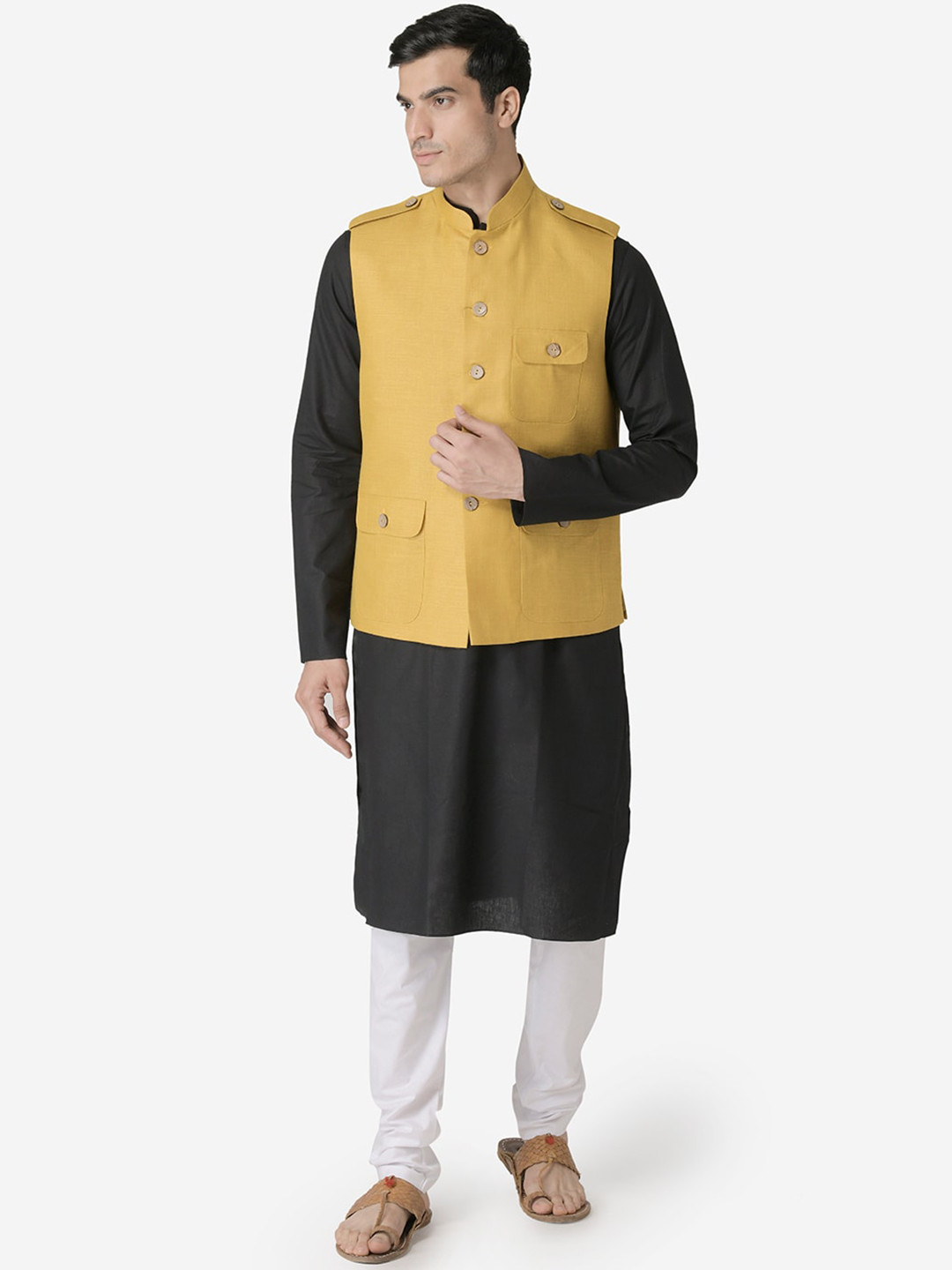 

TABARD Men Black Regular Pure Cotton Kurta with Churidar and Nehru Jacket