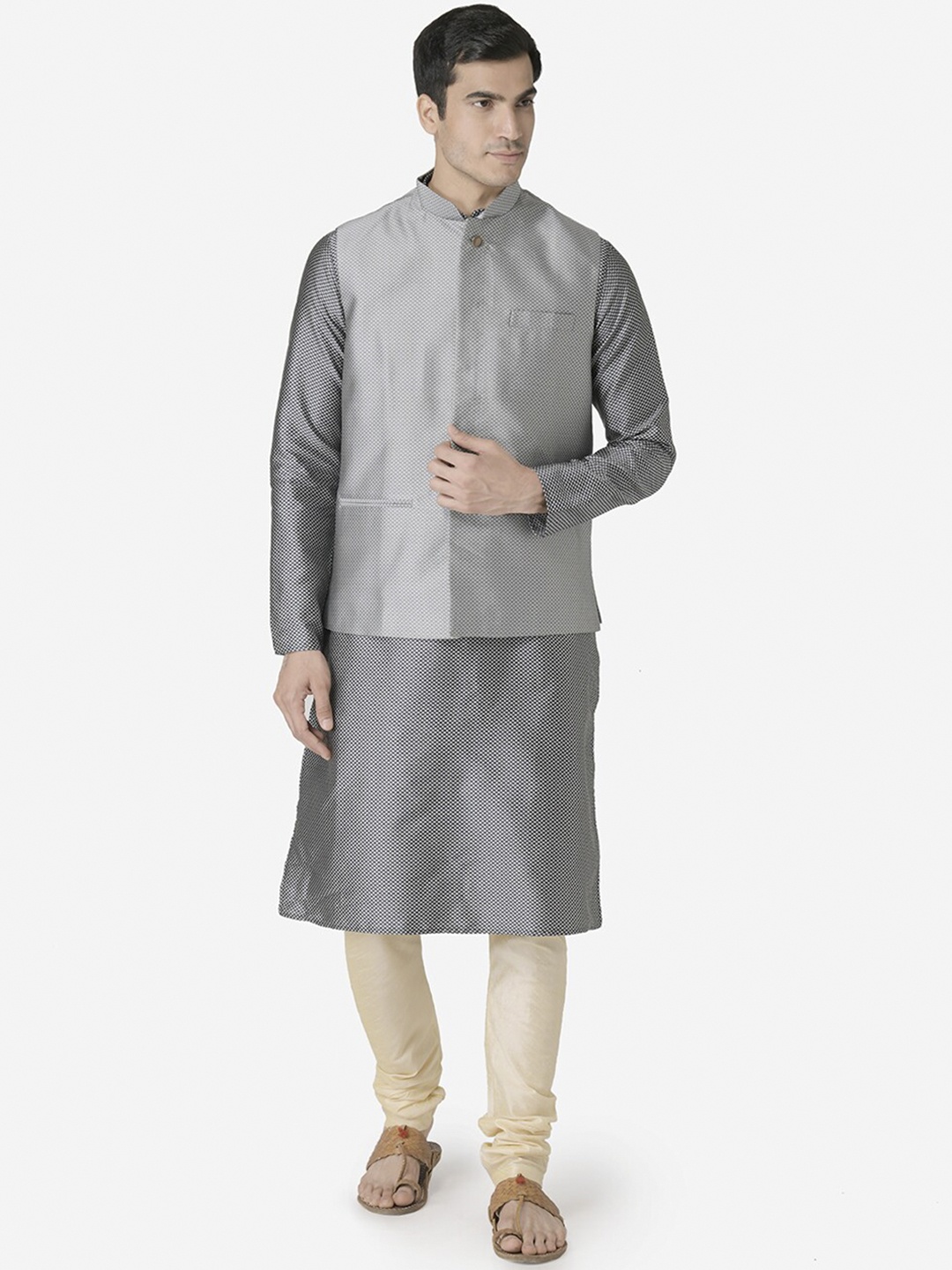 

TABARD Men Navy Blue Regular Pure Silk Kurta with Churidar and Nehru Jacket