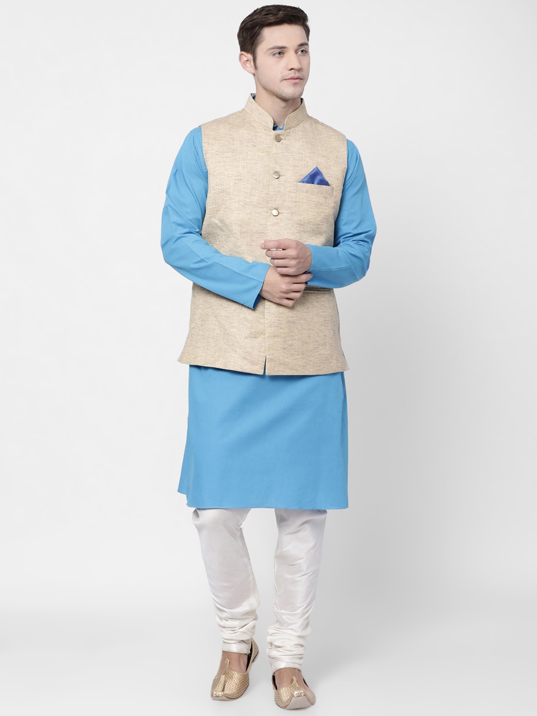 

TABARD Men Blue Regular Pure Cotton Kurta with Churidar and Nehru Jacket