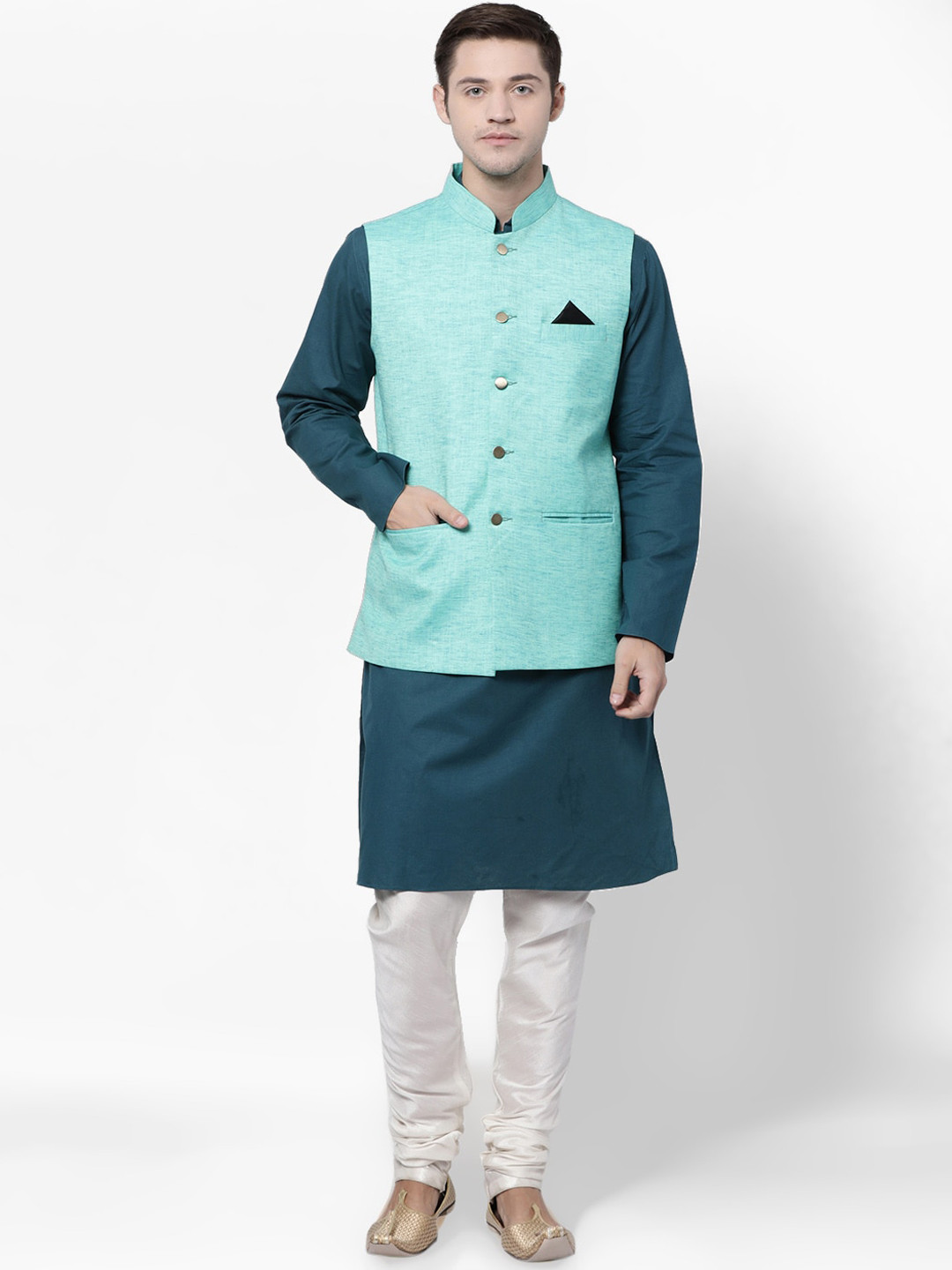 

TABARD Men Green Regular Pure Cotton Kurta with Churidar and Nehru Jacket