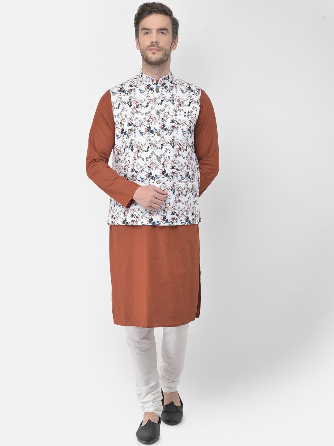 

TABARD Men Rust Floral Regular Pure Cotton Kurta with Churidar and Nehru Jacket
