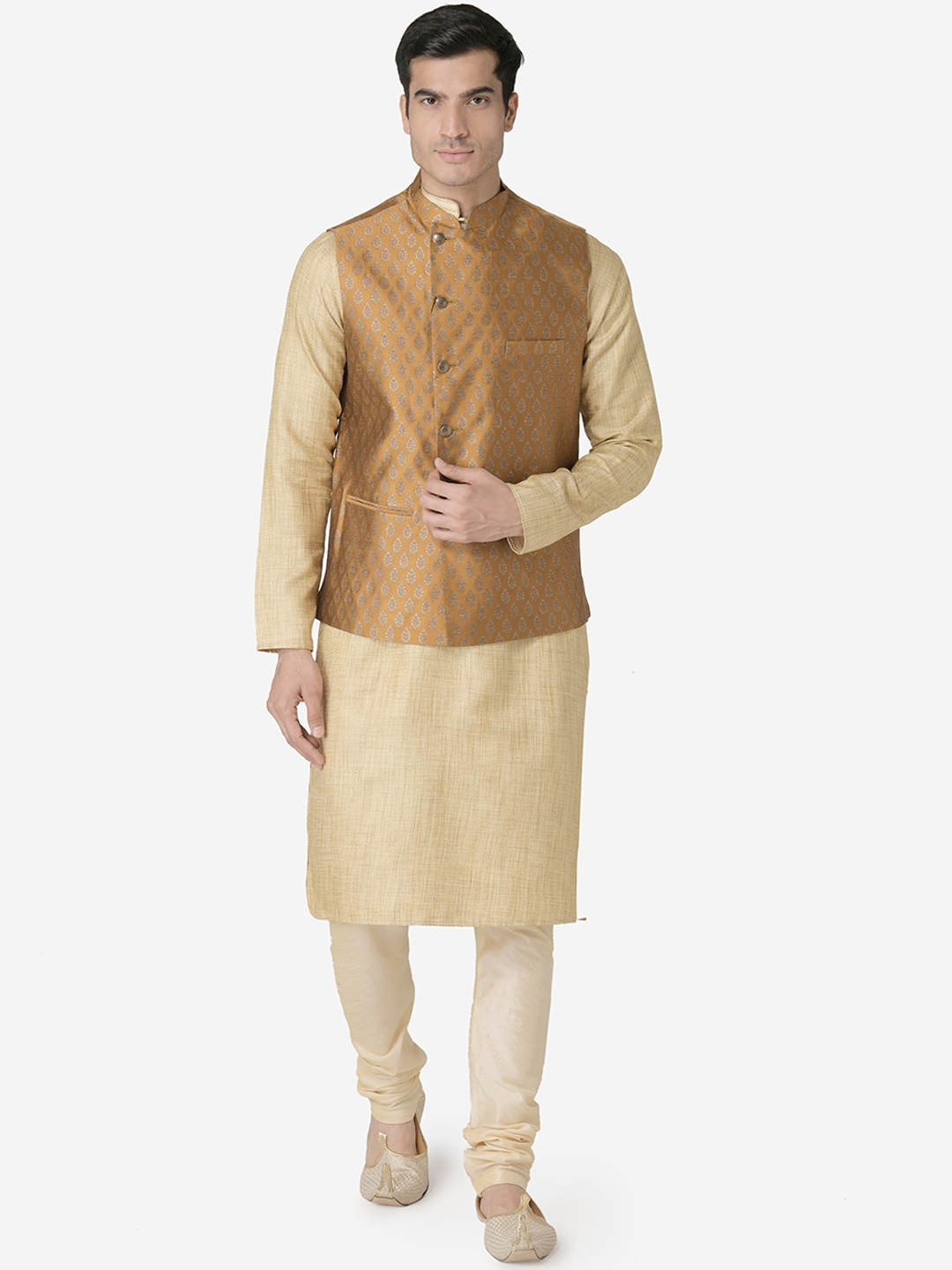 

TABARD Men Beige Regular Pure Silk Kurta with Churidar and Nehru Jacket