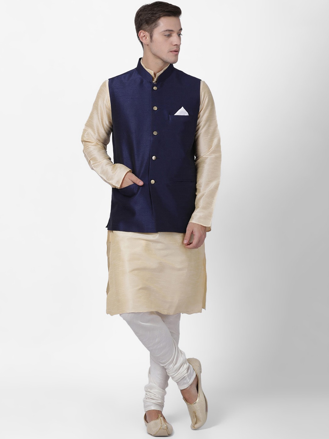 

TABARD Men Beige Regular Dupion Silk Kurta with Churidar & Nehru Jacket