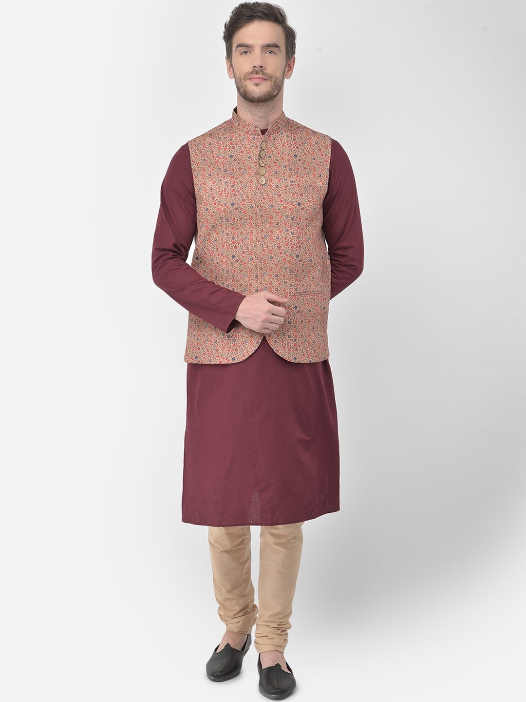 

TABARD Men Maroon Regular Pure Cotton Kurta with Churidar and Nehru Jacket