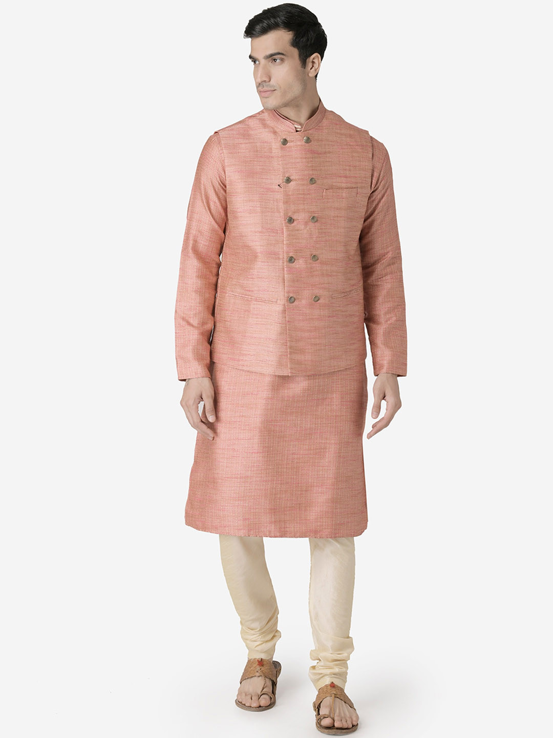 

TABARD Men Red Regular Pure Silk Kurta with Churidar and Nehru Jacket