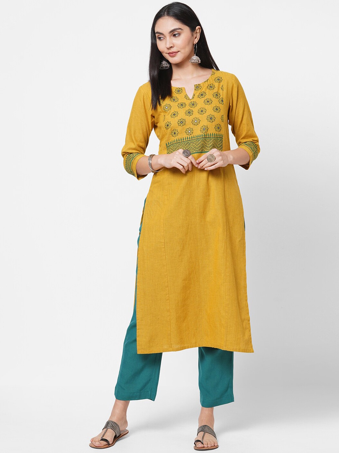 

KAMI KUBI Women Mustard Yellow Geometric Yoke Design Pure Cotton Kurta