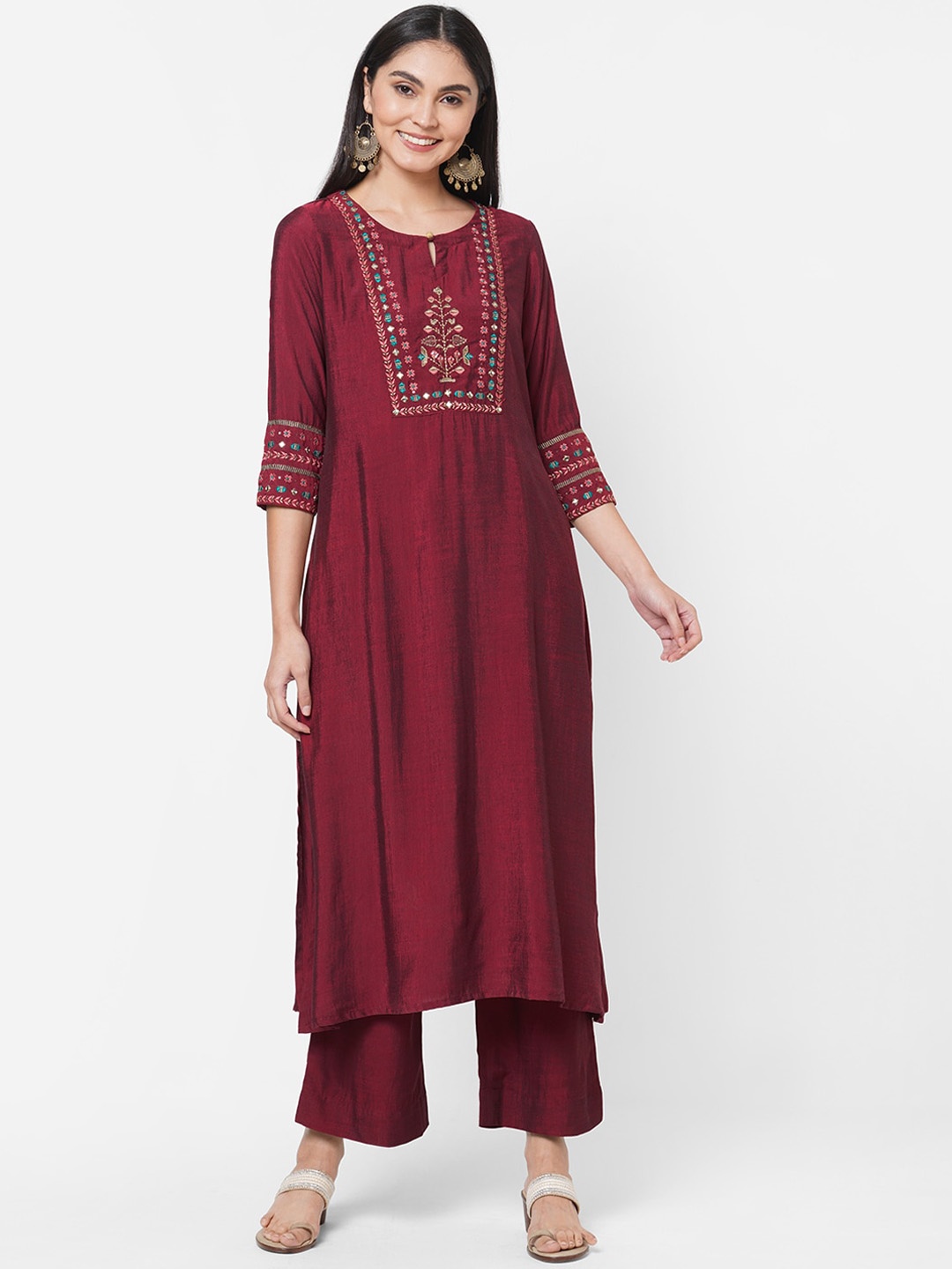 

KAMI KUBI Women Maroon Ethnic Motifs Embroidered Keyhole Neck Thread Work Kurta