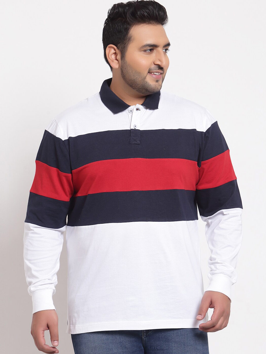

plusS Men White Striped Polo Collar Applique T-shirt