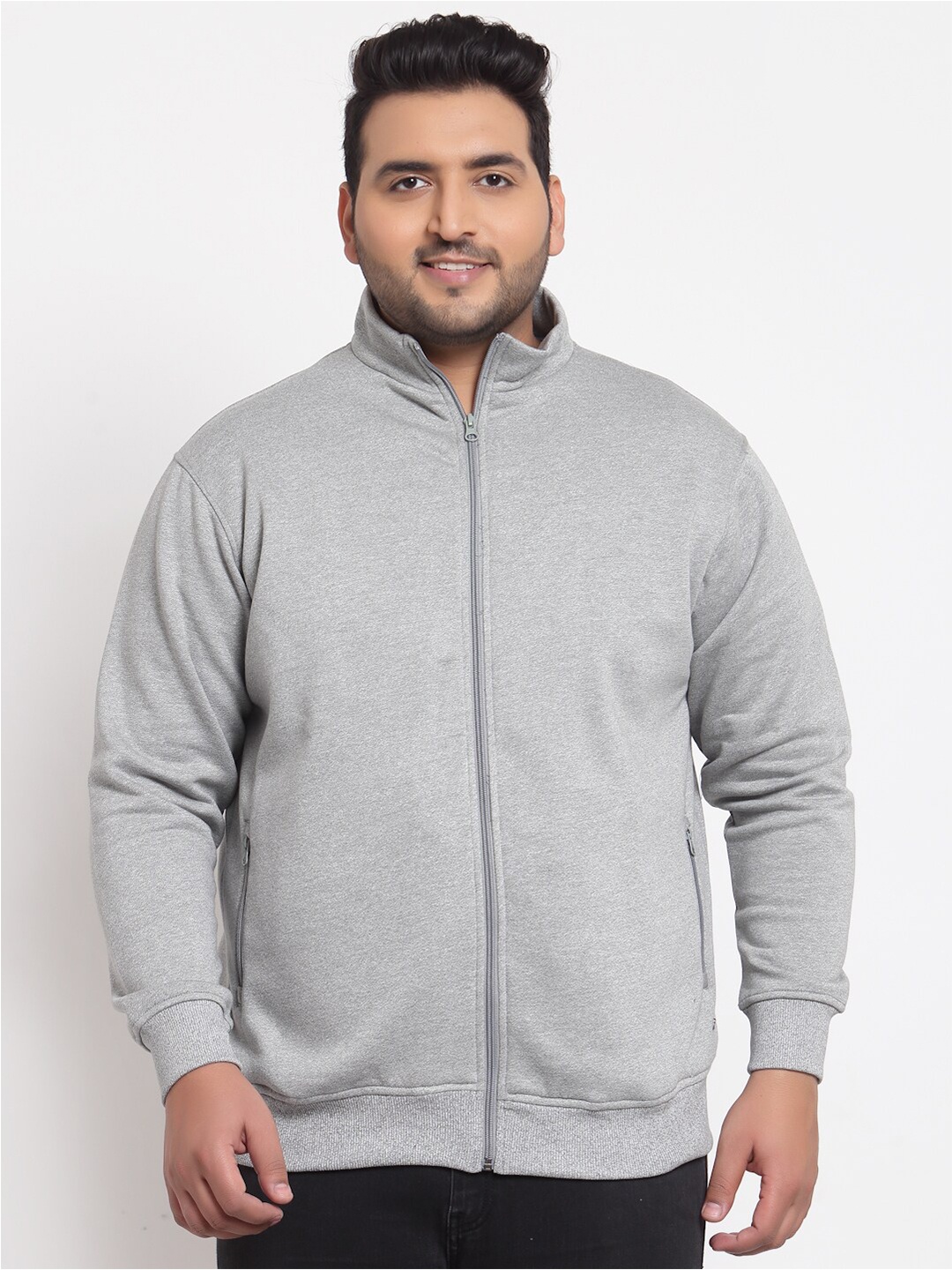 

plusS Men Grey Melange Solid Mock Collar Sweatshirt