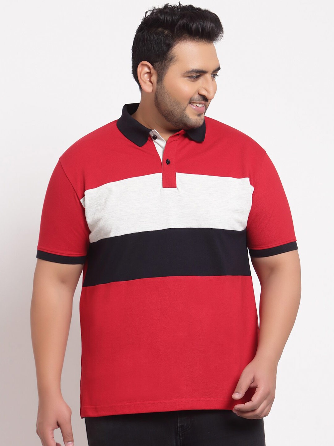 

plusS Men Red Striped Polo Collar Applique T-shirt