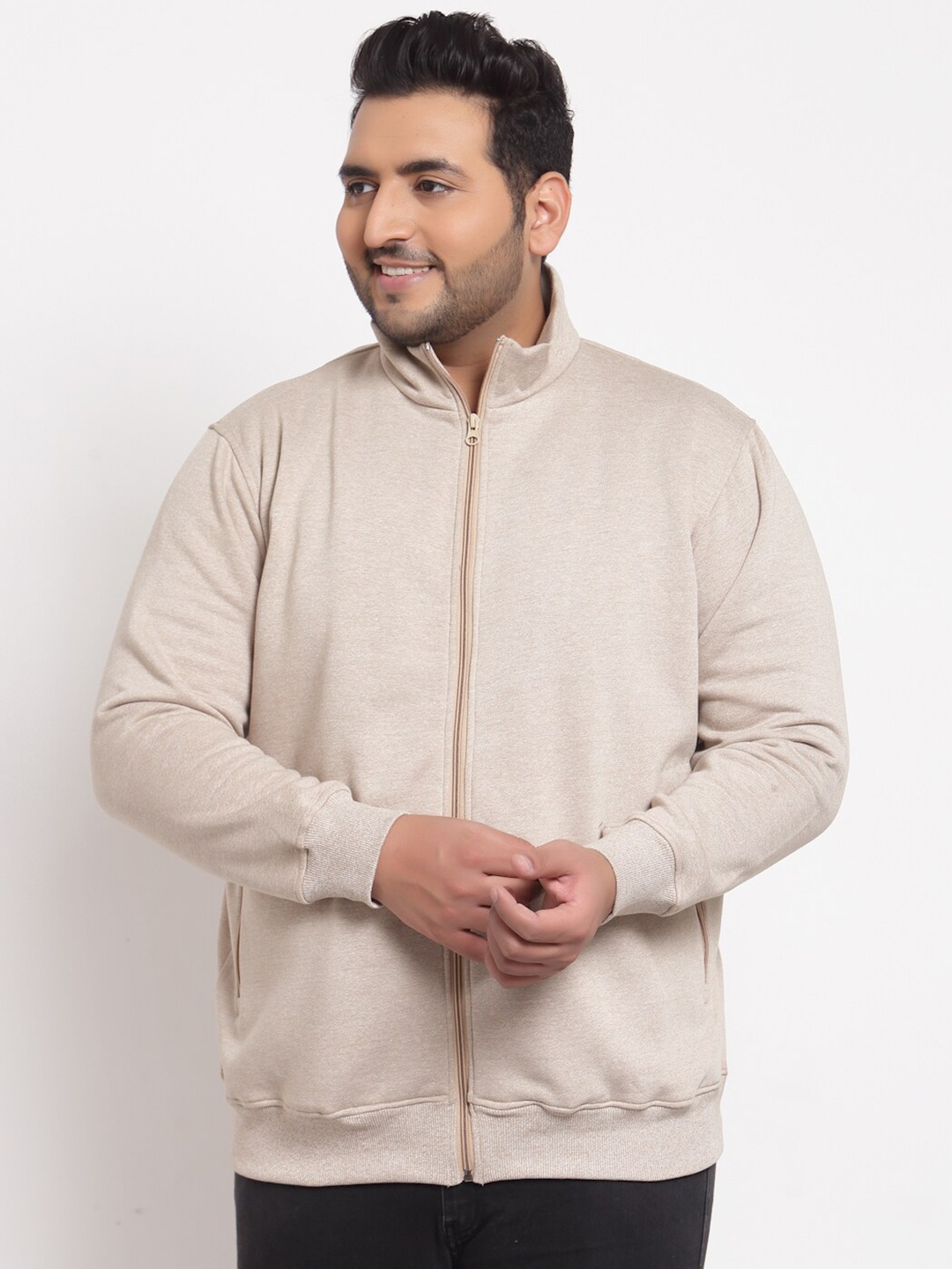 

plusS Men Beige Solid Mock Collar Sweatshirt