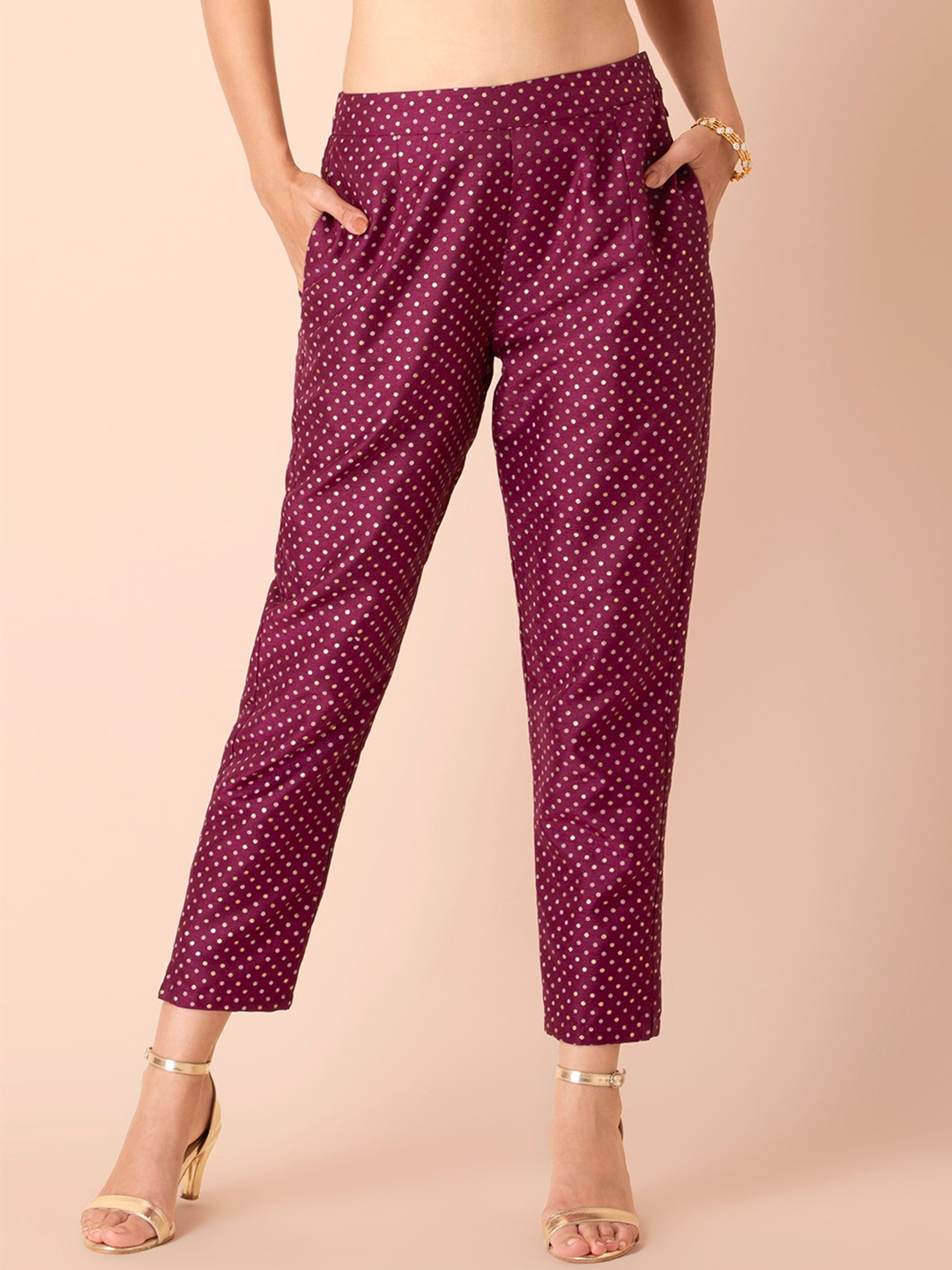 

INDYA Women Maroon Polka Foil Straight Pants