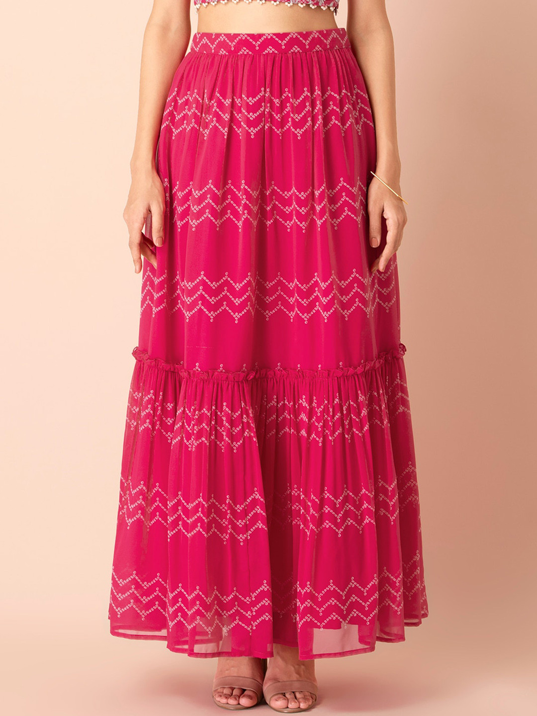 

INDYA Women Pink & White Bandhani Printed Tiered Maxi Skirt