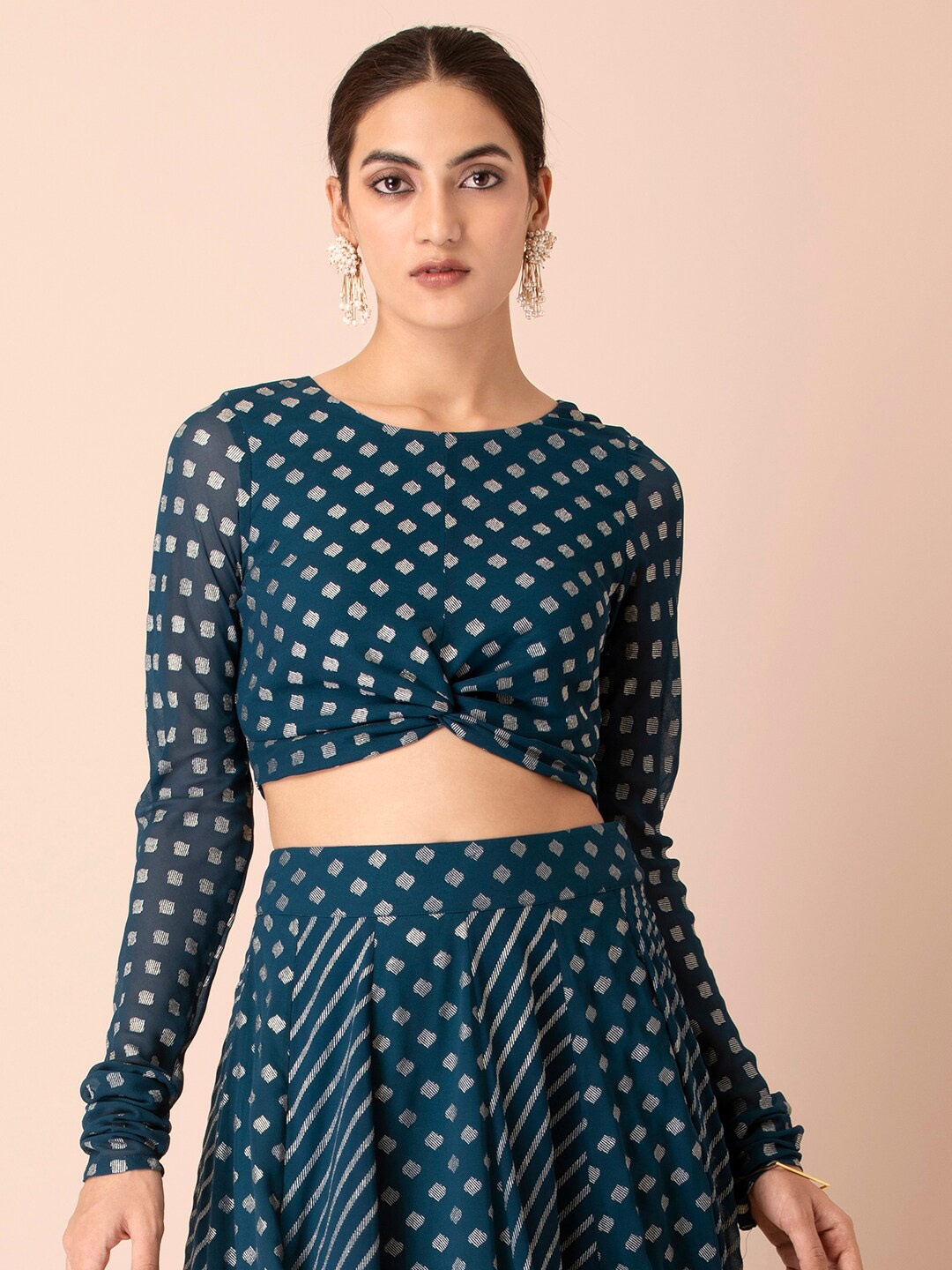 

INDYA Blue Georgette Fitted Crop Top