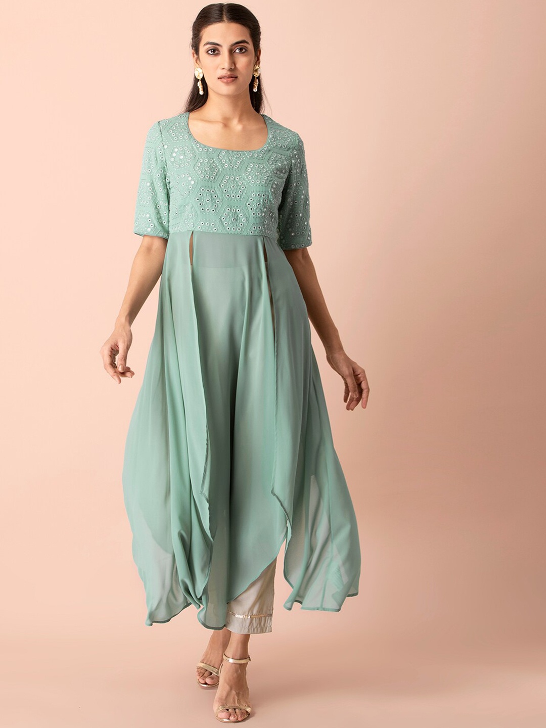 

INDYA Women Green & Silver-Toned Sage Mirror Work High Slit Kurta