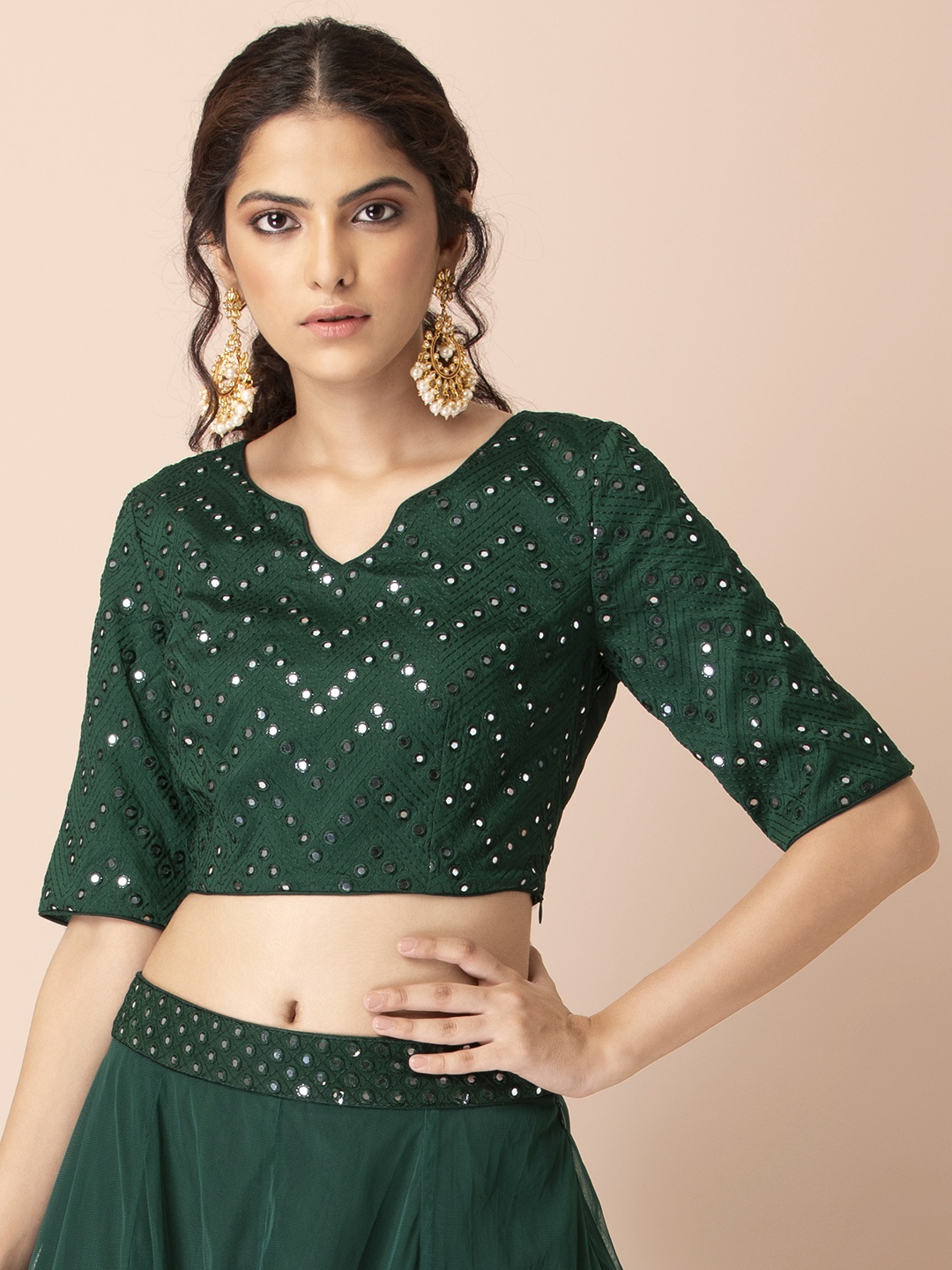 

INDYA for Shraddha Kapoor Green Embellished Regular Crop Top