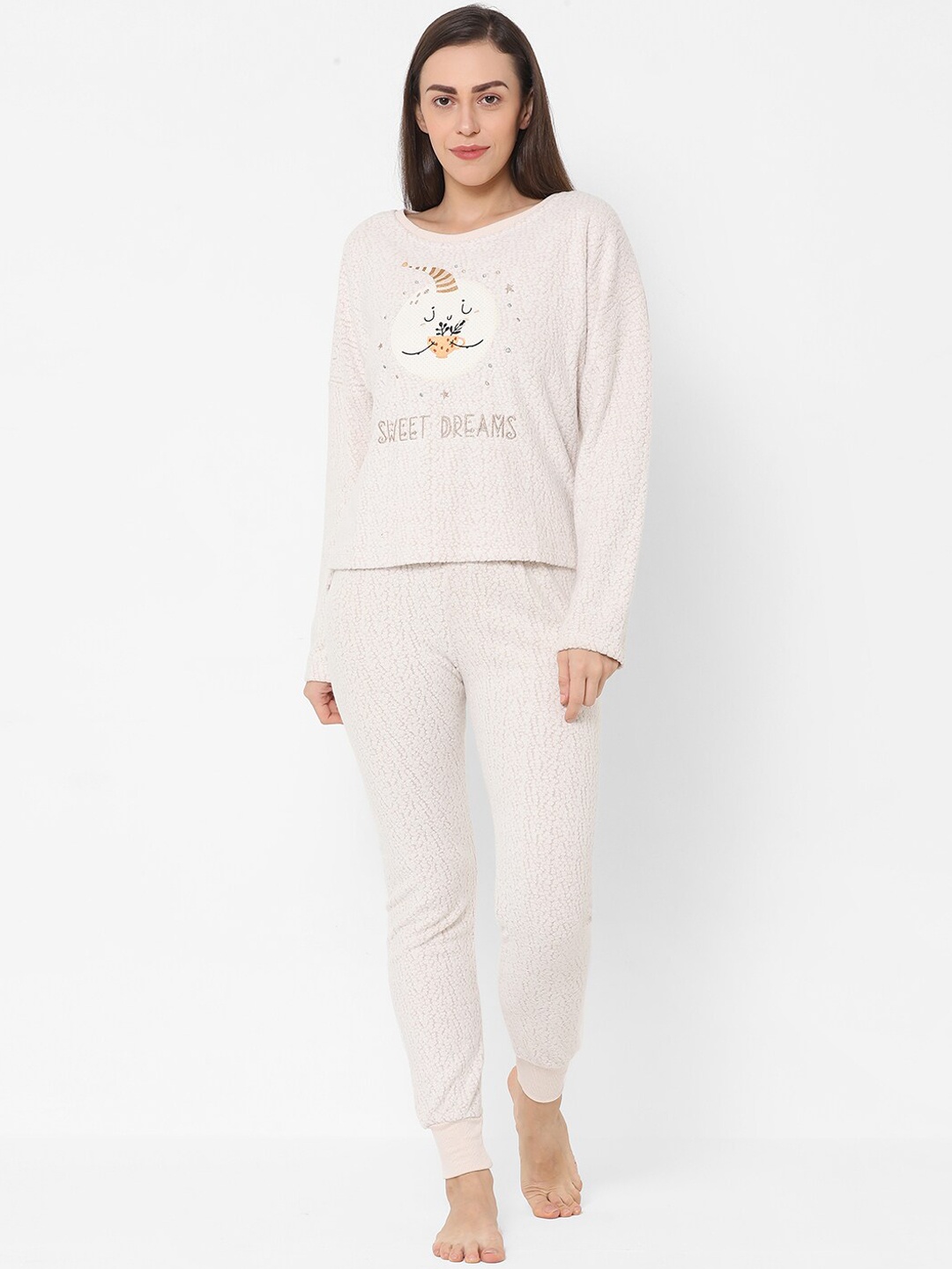 

Sweet Dreams Women Cream Graphic Jacquard Night Suit
