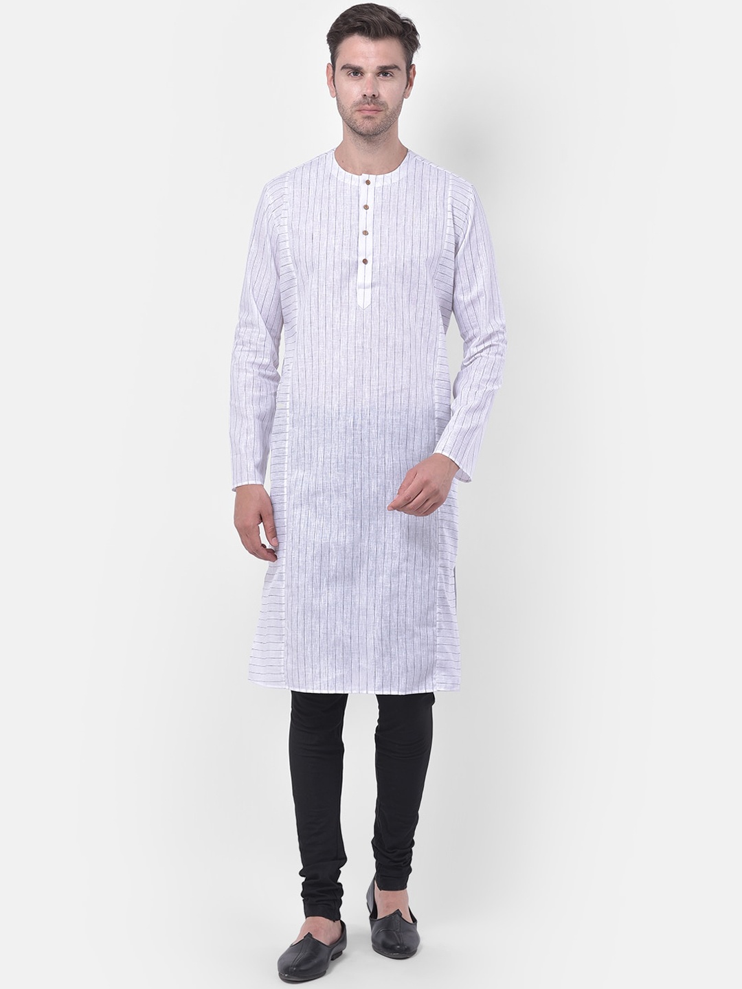 

TABARD Men White Cotton Linen Striped Panelled Kurta with Churidar