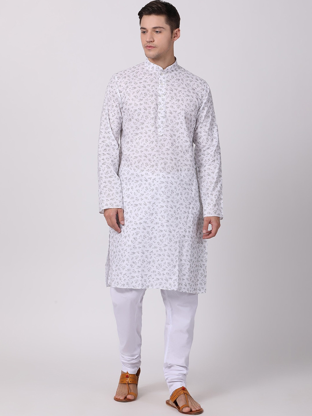 

TABARD Men White Cotton Printed Kurta With Churidar