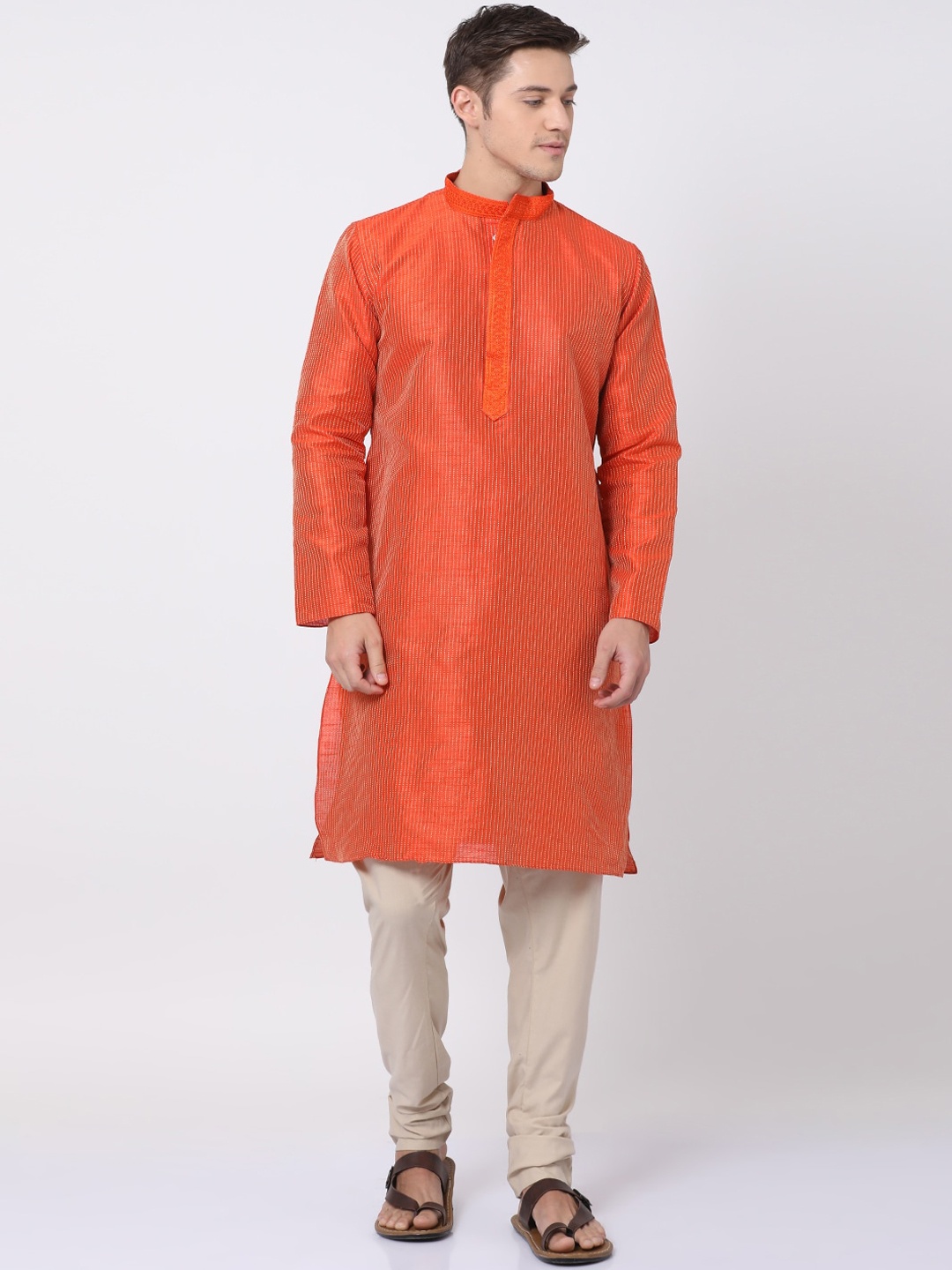

TABARD Men Orange Printed Silk Blend Kurta with Churidar