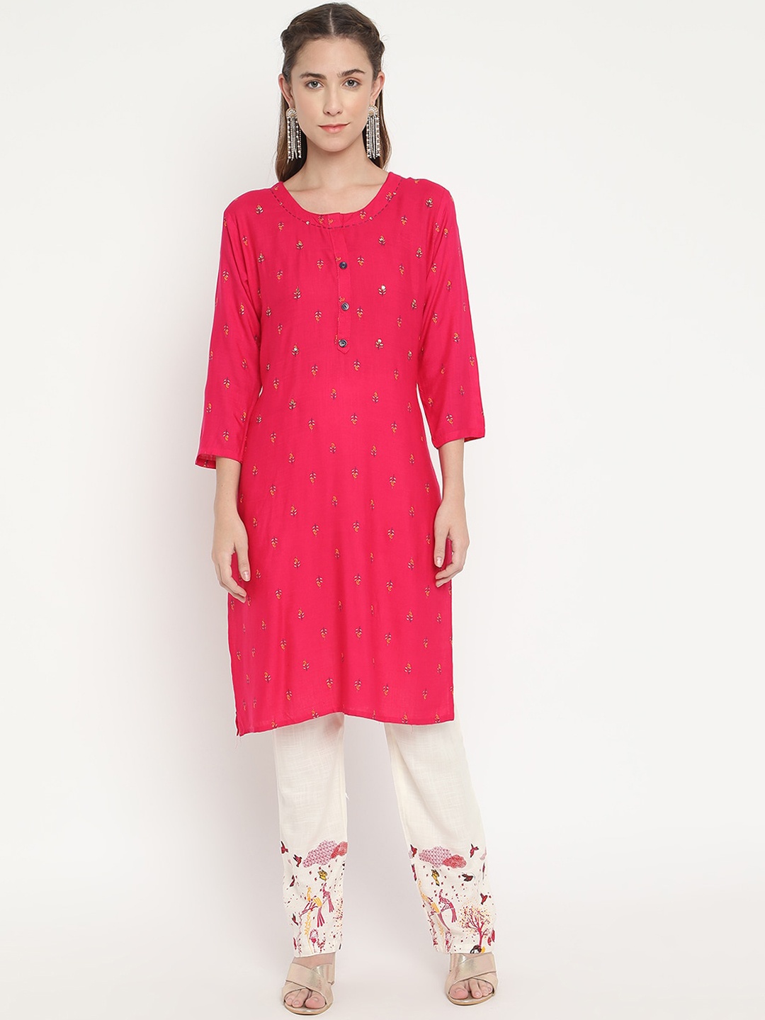 

V2 Value & Variety Women Pink Ethnic Motifs Embroidered Regular Sequinned Kurti with Trousers