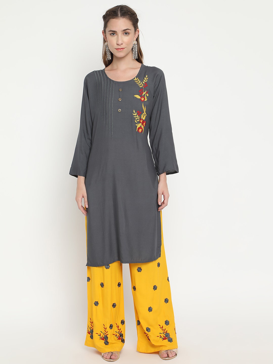 

V2 Value & Variety Women Grey Embroidered Regular Kurta with Palazzos