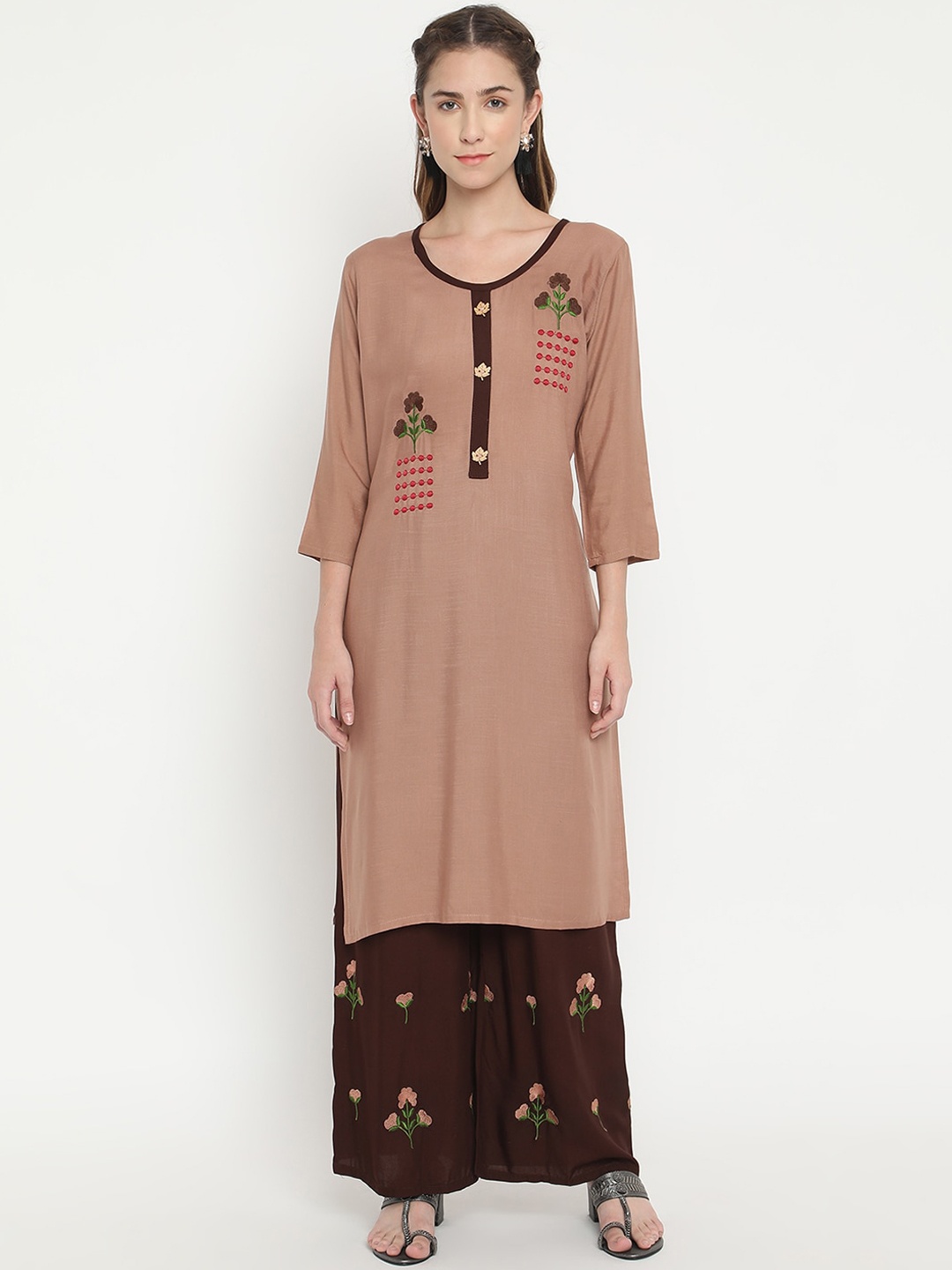 

V2 Value & Variety Women Beige & Brown Yoke Embroidered Regular Kurta with Palazzos