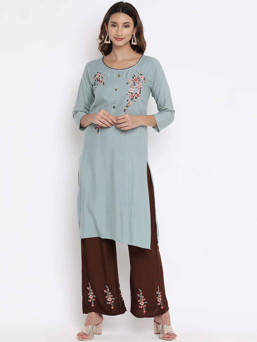 

V2 Value & Variety Women Grey Floral Embroidered Kurta with Trousers