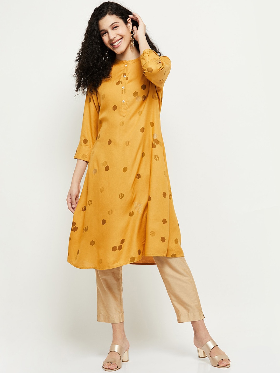 

max Women Mustard Yellow Geometric Printed Kurta
