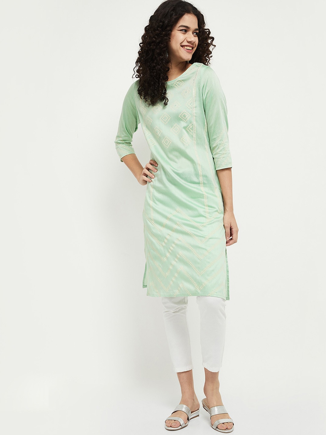 

max Women Green Bandhani Printed Kurta