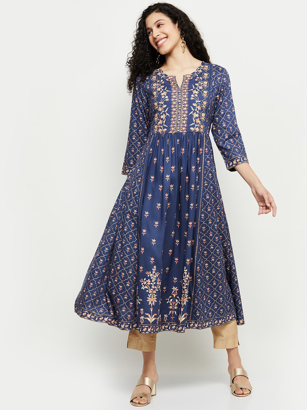 

max Women Blue & Peach-Coloured Ethnic Motifs Printed Anarkali Kurta