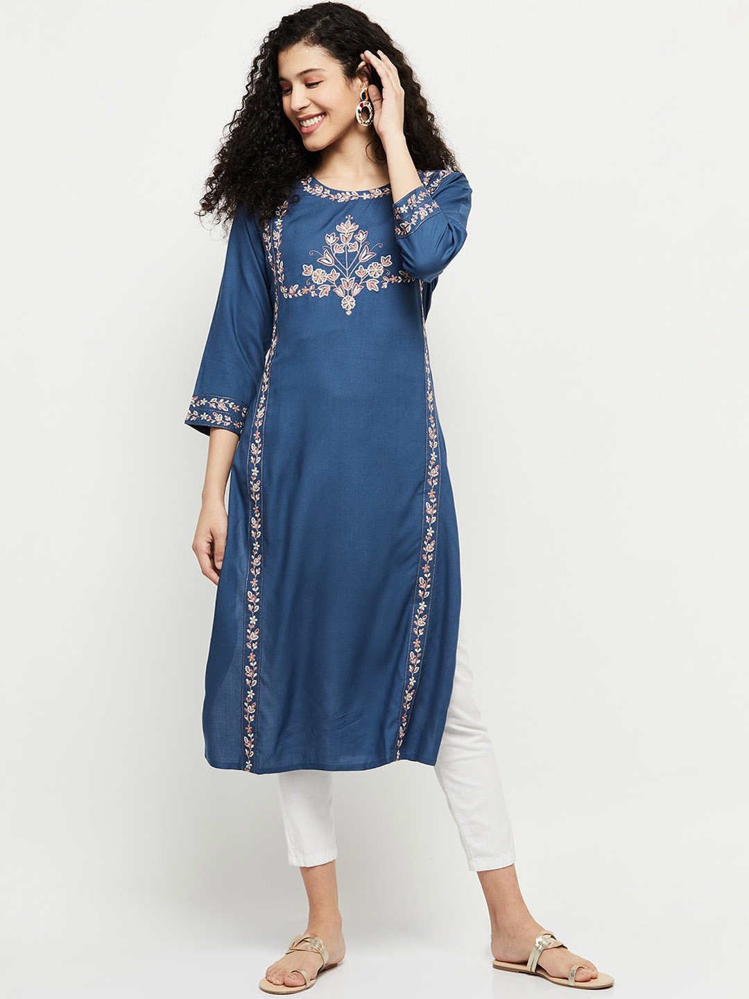 

max Women Blue Ethnic Motifs Embroidered Thread Work Kurta